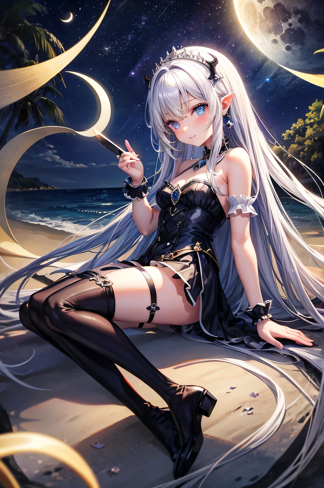 night，seaside，starlight，moon，long hair，Heterochromic double pupils，full，Royal sister，ethnic style，black stockings，earring，wristband，ring，Demon Knife，Photon