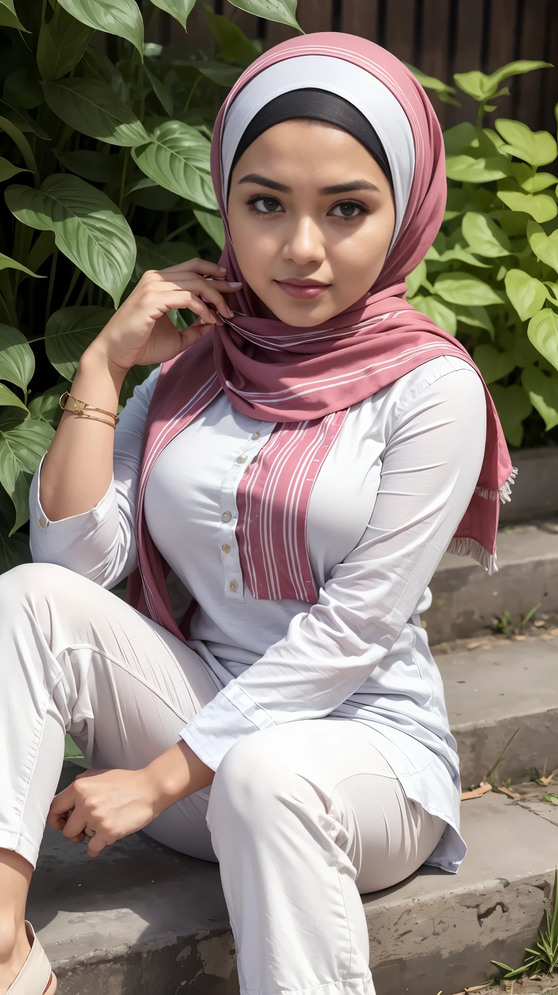 RAW, (Best quality, high resolution, work: 1.3), Beautiful Malay woman in hijab, fit body, Big breasts, Beautiful big eyes, Soft smile, beautiful face, slightly open mouth, thick thighs, beautiful girl, beautiful bustock, detailed face,) (Close Up),woman in a red and white checkered shirt and white pants, long shirt, casual clothing style, long tunic, simple style, modern casual clothing, casual modern clothing, wearing a kurta, white and grey, hues of subtle grey, wearing a silk kurta, full body picture, wearing business casual dress, simple clothes, in the garden , sat on the ground. perfect lighting