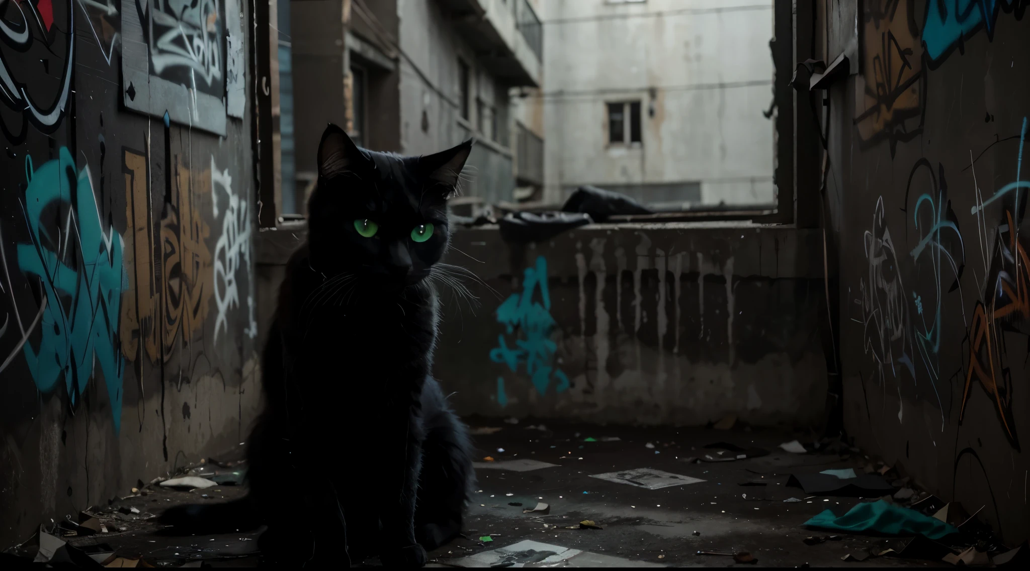 In a dimly lit alleyway, a decaying wall covered in graffiti becomes the backdrop for a mesmerizing scene. A stray cat, its fur in shades of midnight black, sits atop a cracked, weathered windowsill. Its vivid green eyes glow with a hint of mystery as it gazes into the darkness. The scene exudes a captivating aura, with the decay symbolizing the passage of time and the transient nature of existence. The graffiti, vibrant and rebellious, adds an edgy element to the narrative, contrasting the cat's solitary presence. The dark atmosphere further enhances the enigmatic ambiance, shrouding the scene in an aura of intrigue. The prompt blends these elements to create a visually arresting image: "cat, decay, graffiti, dark, mesmerizing gaze, vivid green eyes, weathered windowsill, midnight black fur, edgy, enigmatic aura". To ensure the highest quality and level of detail, we can use tags such as "(best quality, highres), ultra-detailed, realistic lighting, vibrant colors".