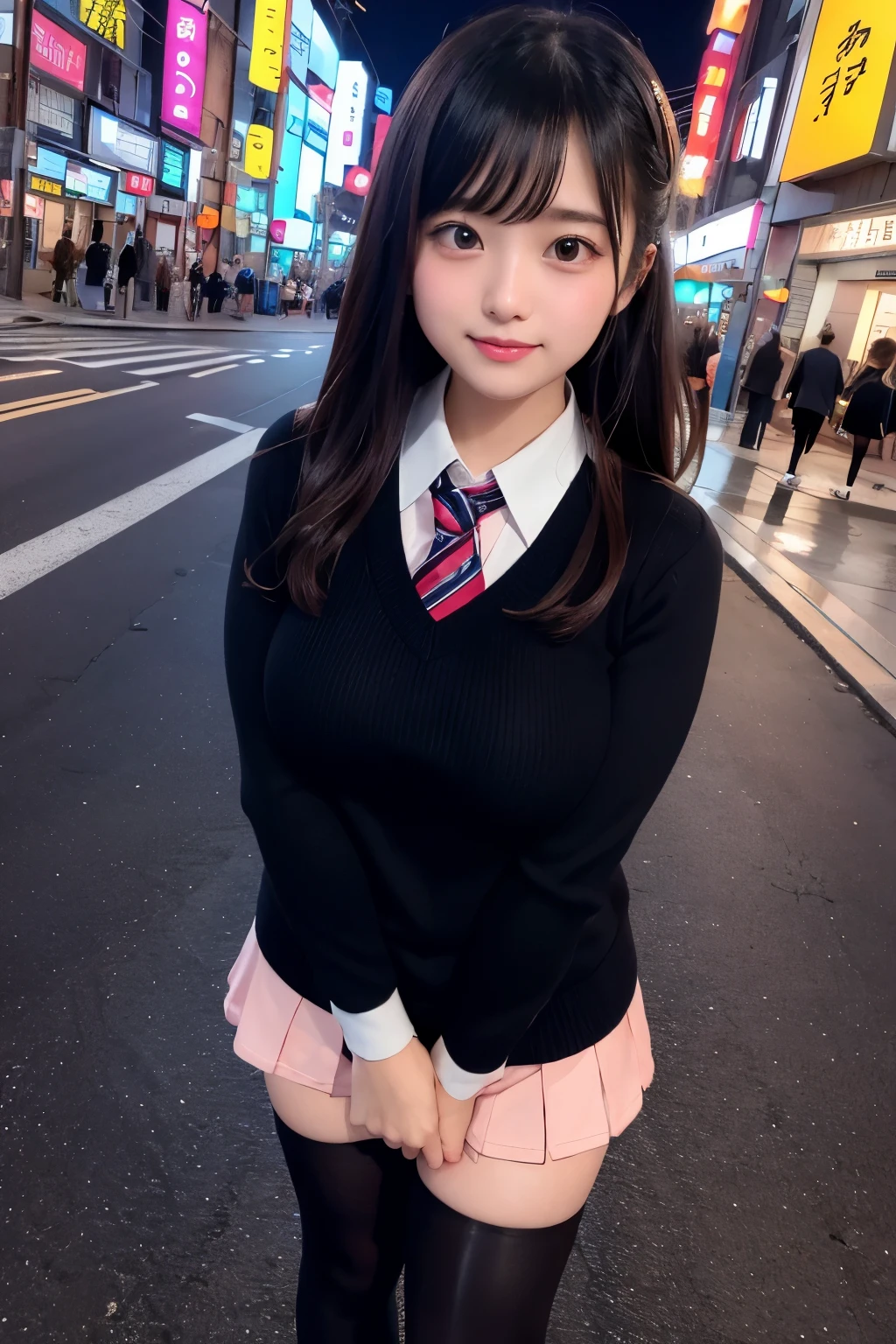 high angle shot、big breasts、Shoes are visible、super treet snap、tall, A baby-faced gal woman wearing a short skirt and bow tie is standing in a neon street at night、high school student、Thin calf、japanese girl、Winter clothes、Wearing Japanese school uniform、Japanese school black uniform、Wearing a surreal high school uniform、girl in uniform、Wearing a dark blue uniform、Full body Esbian、nice skin、glowing skin、nice thighs、(micro hining thighs、Plump thighs、She wears black tights that show her skin、leather shoes、Japanese high school 、Nogizaka Idol、inviting eyes