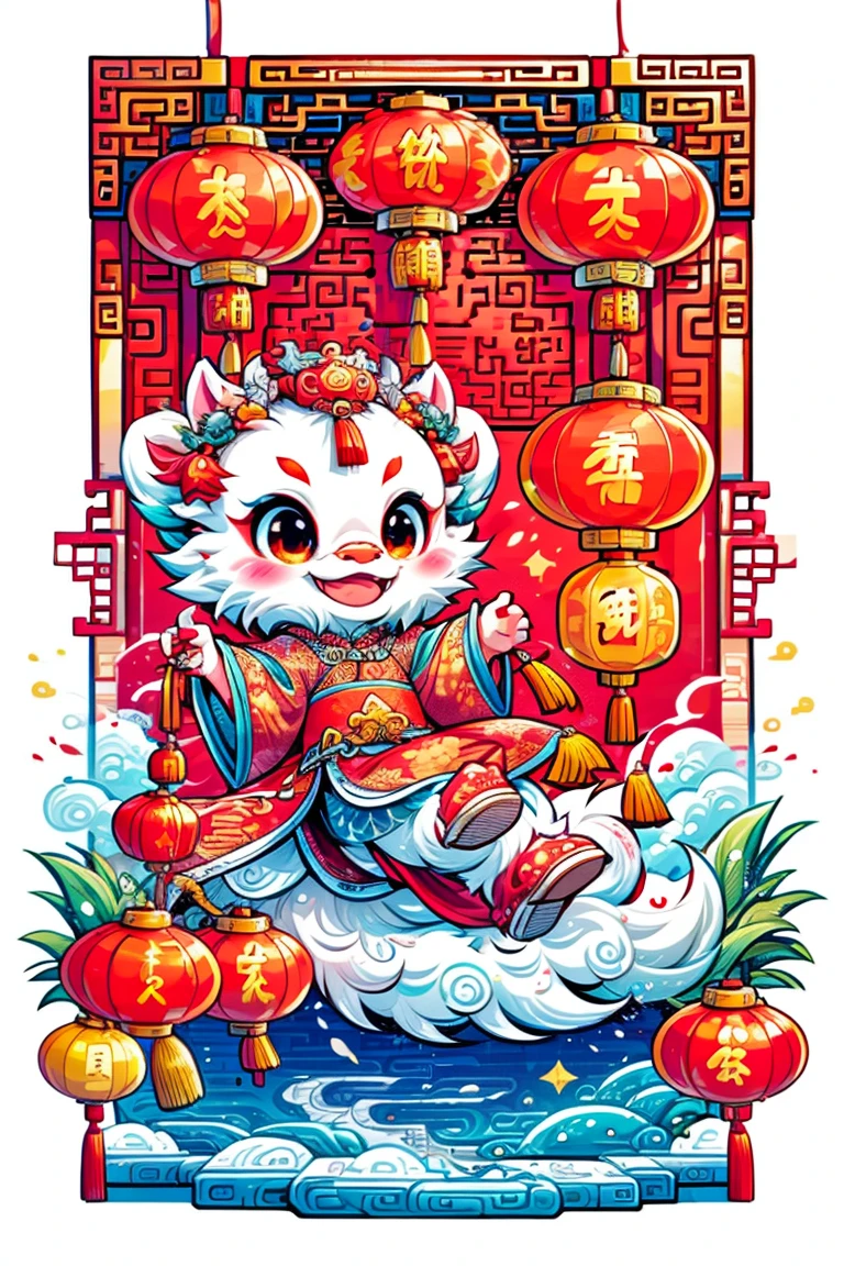 1 Chinese dragon，(China red:1.5)，medium shot，Chinese style，chinese palace，Spring Festival，lantern，fireworks，firecracker，flowers，clouds，stone fragment，Beautiful and delicate water，Wood grain flooring，Cute Chinese Dragon，(photography: 1.3)