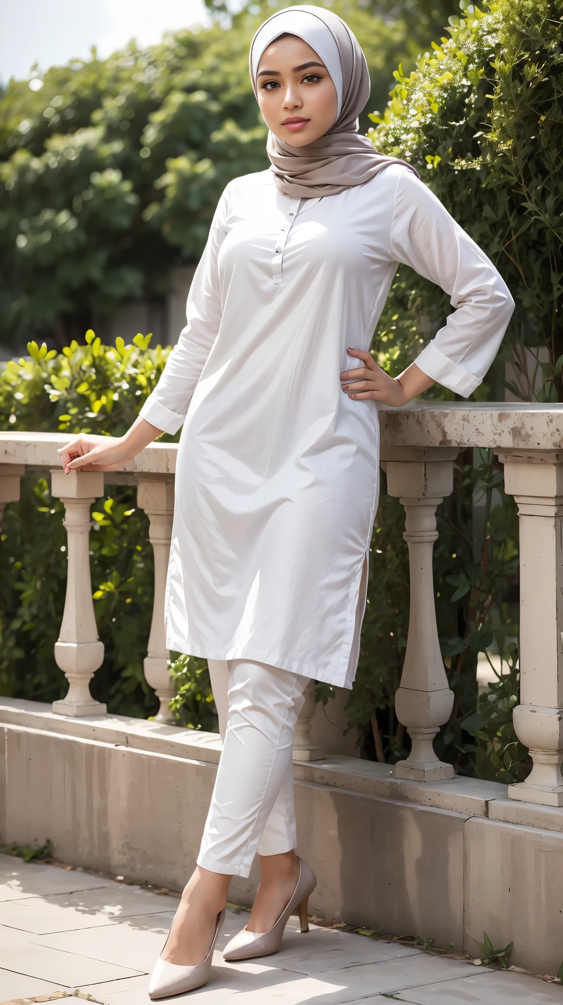 RAW, (Best quality, high resolution, work: 1.3), Beautiful Malay woman in hijab, fit body, Big breasts, Beautiful big eyes, Soft smile, beautiful face, slightly open mouth, thick thighs, beautiful girl, beautiful bustock, detailed face,woman in a red and white checkered shirt and white pants, long shirt, casual clothing style, long tunic, simple style, modern casual clothing, casual modern clothing, wearing a kurta, white and grey, hues of subtle grey, wearing a silk kurta, full body picture, wearing business casual dress, simple clothes, in the garden , sat on the ground. perfect lighting