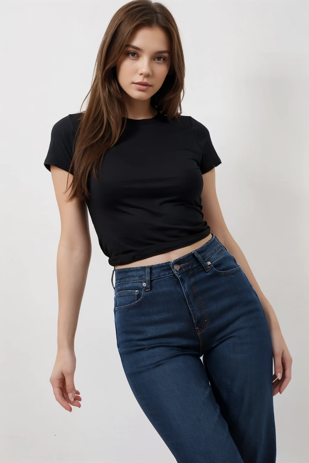 Full-length brown-haired model wearing blue jeans and a black short-sleeved T-shirt, on a white background