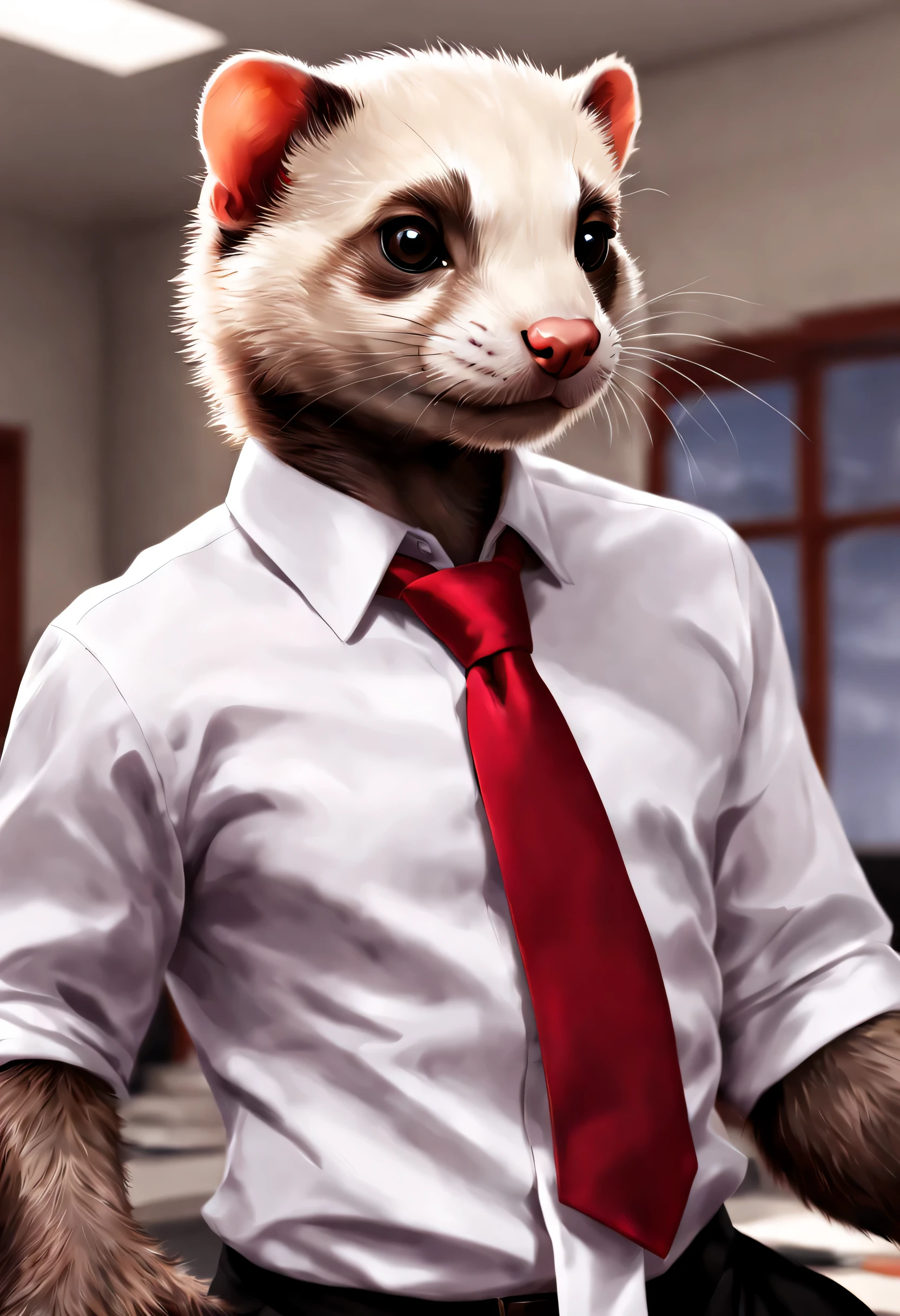 Digital art, Close-up of an anthropo-furry ferret in a tight office suit, red skinny tie, sable fur color, paws