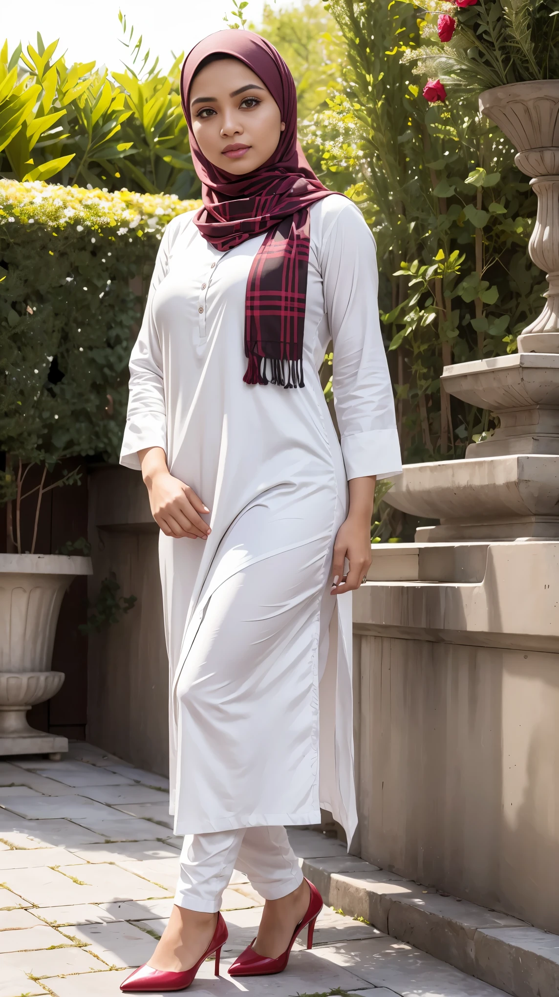 RAW, (Best quality, high resolution, work: 1.3), Beautiful Malay woman in hijab, fit body, Big breasts, Beautiful big eyes, Soft smile, beautiful face, slightly open mouth, thick thighs, beautiful girl, beautiful bustock, detailed face,woman in a red and white checkered shirt and white pants, long shirt, casual clothing style, long tunic, simple style, modern casual clothing, casual modern clothing, wearing a kurta, white and grey, hues of subtle grey, wearing a silk kurta, full body picture, wearing business casual dress, simple clothes, in the garden , sat on the ground. perfect lighting