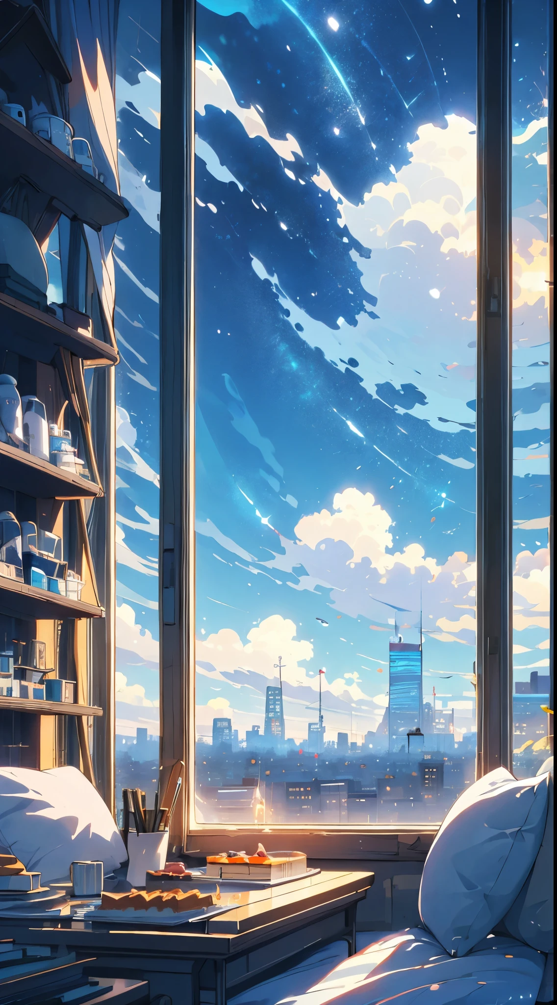 (masterpiece:1.2), best quality,PIXIV,cozy animation scenes,
scenery, cityscape, city, skyscraper, building, window, cloud, sky, food, indoors, computer, book, bed, table, clock, pillow, no humans, chair, cake, monitor, cup, plate, skyline, lying, HD, HDR, 8K