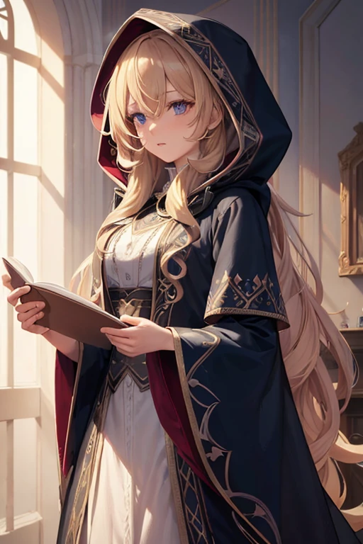 wearing robe with hood,magician,European female , long curly hair, blond,
(Masterpiece, Best Quality, Highres:1.4), Detailed, Intricate Details, 4K, color splashes, line art,
