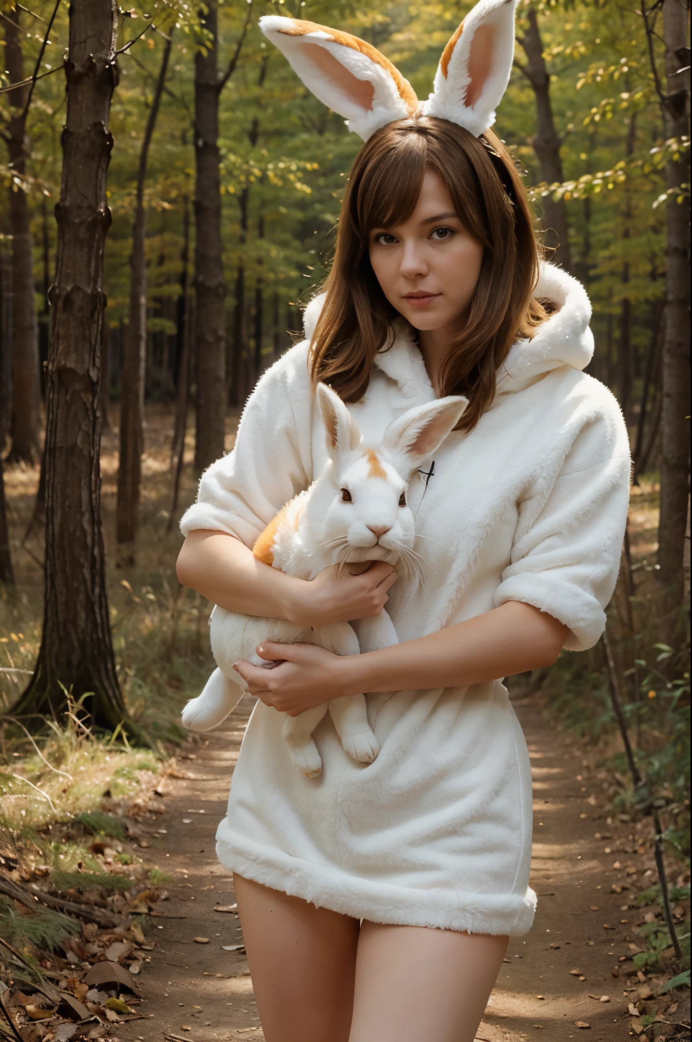 a white-skinned woman with short brown hair in a fluffy fox costume with a tail and ears holds a plush hare in her hands, In the woods