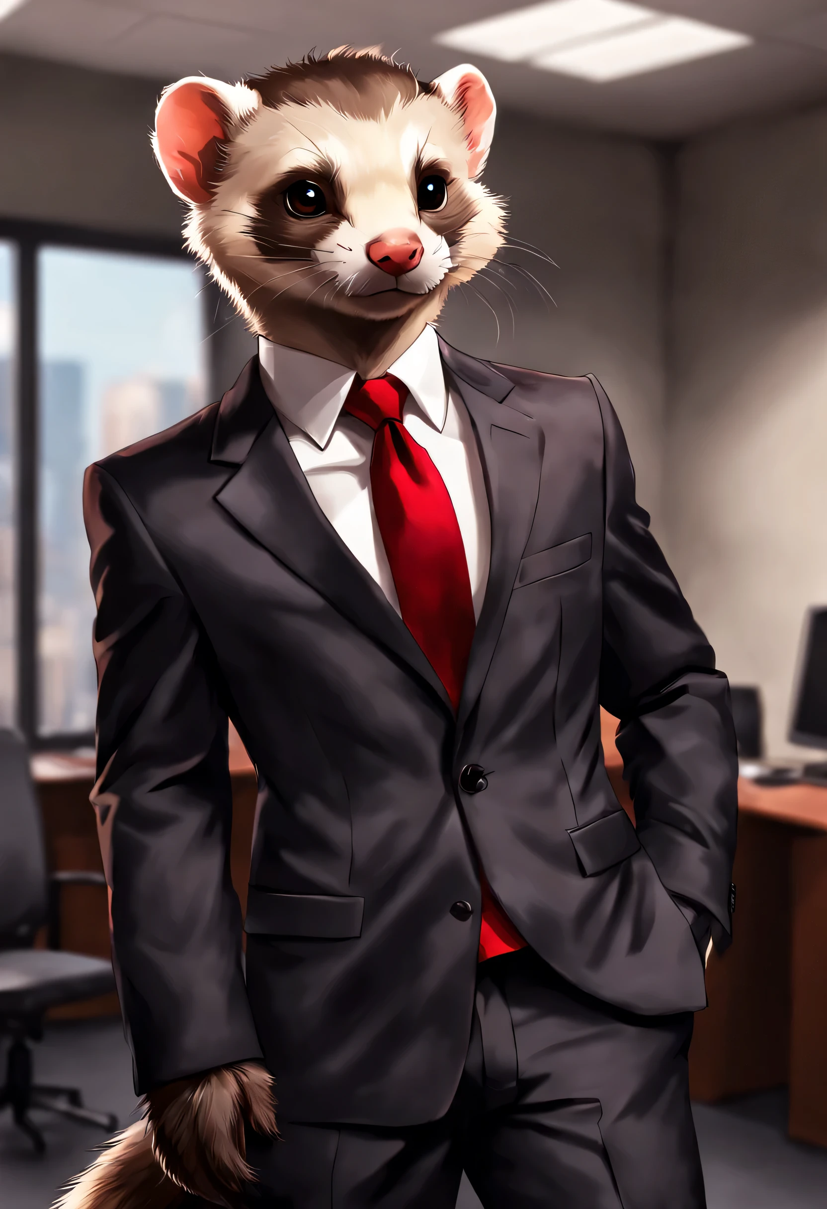 Digital art, Close-up of an anthropo-furry ferret in a tight office suit, red skinny tie, sable fur color, paws