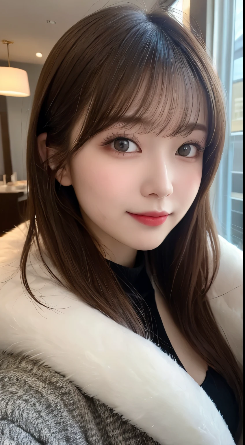 table top, highest quality, shape, Super detailed, finely, High resolution, 8k wallpaper, 完璧なダイナミックな構shape, beautiful and detailed eyes, Fluffy winter fashion,random cute hairstyle, small breasts, natural color lip, random sexy pose,cute smile,big city、20 year old girl、beautiful and detailed face、perfect and beautiful face,Big eyes、Wear fluffy black outerwear with fur、beautiful detailed face、perfect and beautiful double eyelids、blur the background、perfect and beautiful face、blur the background、Luxury Apartments(room)