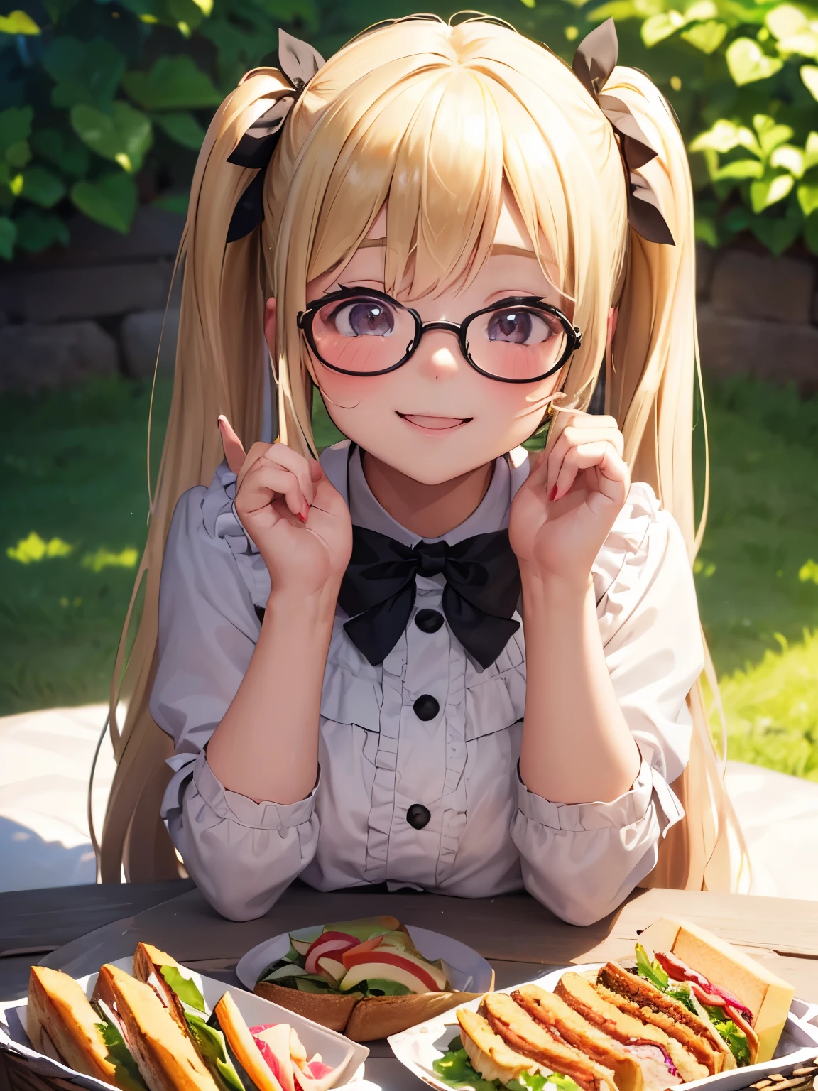 (best quality, muste piece), 1 girl, dappled sunlight, grassland, of glasses, embarrassed, (((1 baby girl))), (((5-year-old girl))), (Goosebumps:0.7), pretty face, (eyeliner, Lipstick:0.9), In 4K, 8K, ticker, ticker, detailed background,,(((With blonde twin tails))),,,(((picnic))),(((hand out the sandwich to the viewer))),(((stuff one&#39;s cheeks))),(((Looks fun))),(((smile))),(((Angle from the front))),(((blush))),(((Cute voice))),,((())),,(((NSFW))),(((cute pose))),