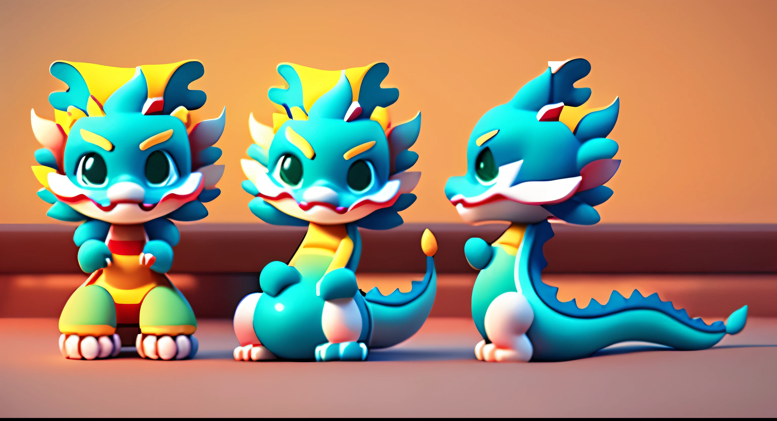 18:31:43 transitions, natural colorless block color, uniform and clean Morandi color matching, soft color, cute character clay material, blind box character style, 3D modeling, c4d rendering, ultra-clear rendering, one-stop IP image, three-view dragon cartoon animation