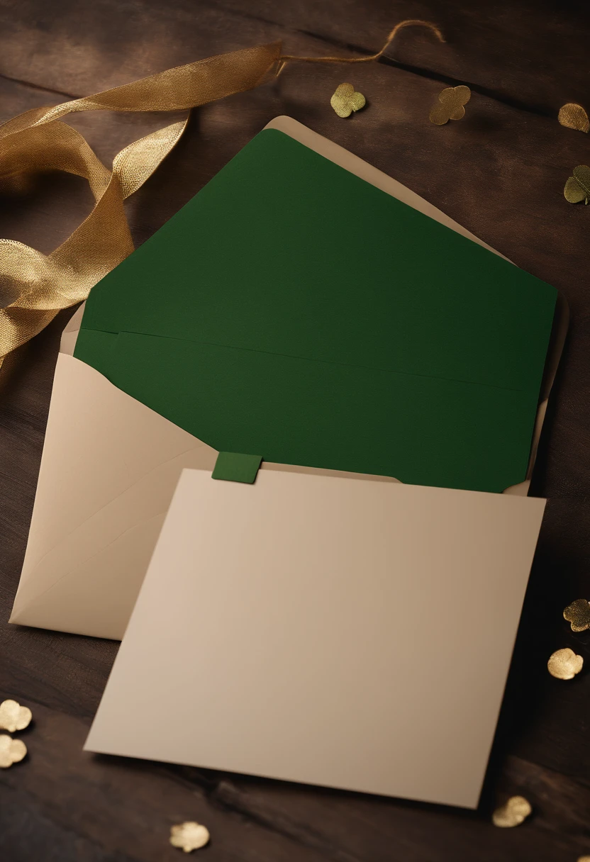 A detailed and realistic image featuring a blank St. Patrick’s Day greeting card mockup, with a textured background, empty space for personalized messages or designs, and decorative accents like embossed clovers or gold foil details, ready to be customized and sent with thoughtfulness.