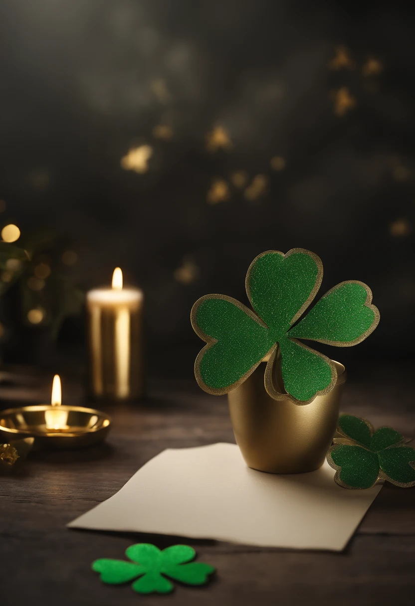 A detailed and realistic image featuring a blank St. Patrick’s Day greeting card mockup, with a textured background, empty space for personalized messages or designs, and decorative accents like embossed clovers or gold foil details, ready to be customized and sent with thoughtfulness.