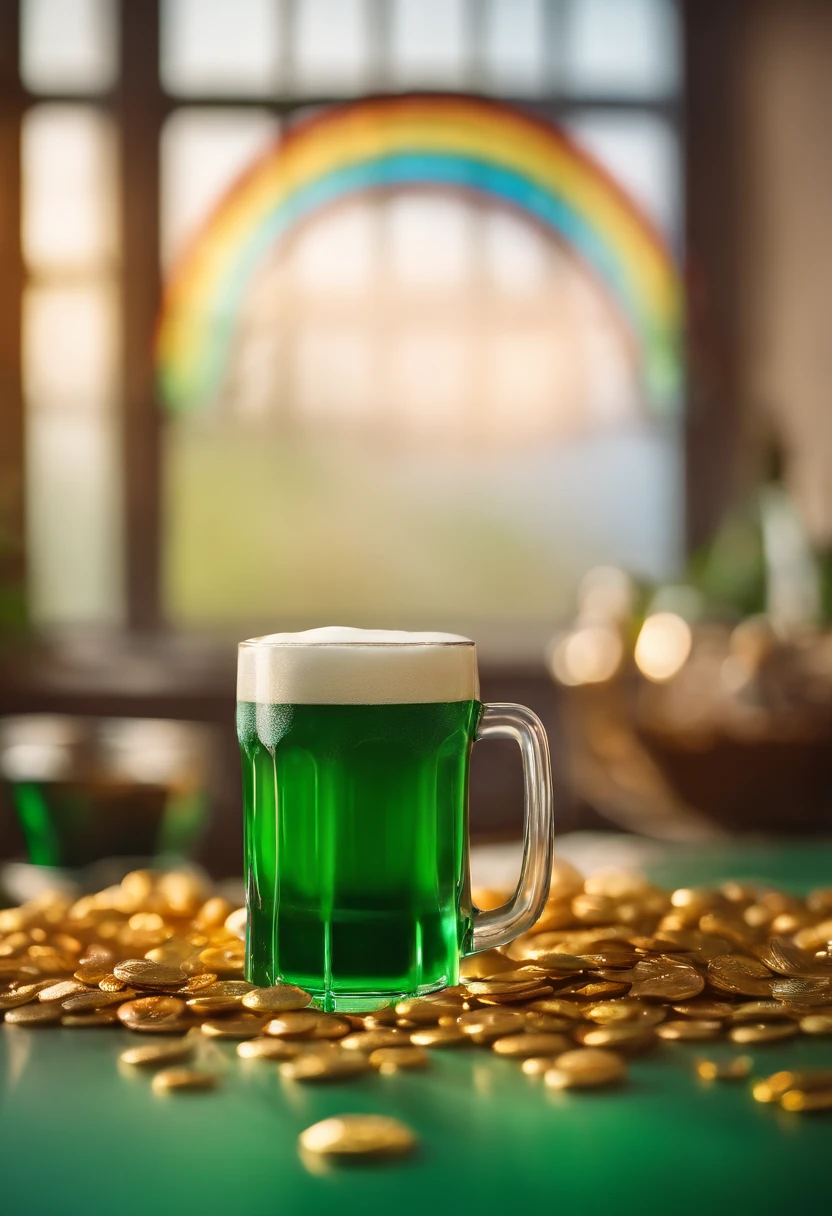 An aesthetic photography composition showcasing a blank St. Patrick’s Day template, with a vibrant rainbow backdrop, spacious areas for adding text or images, and playful icons representing Irish culture, offering a versatile canvas for creative designs.