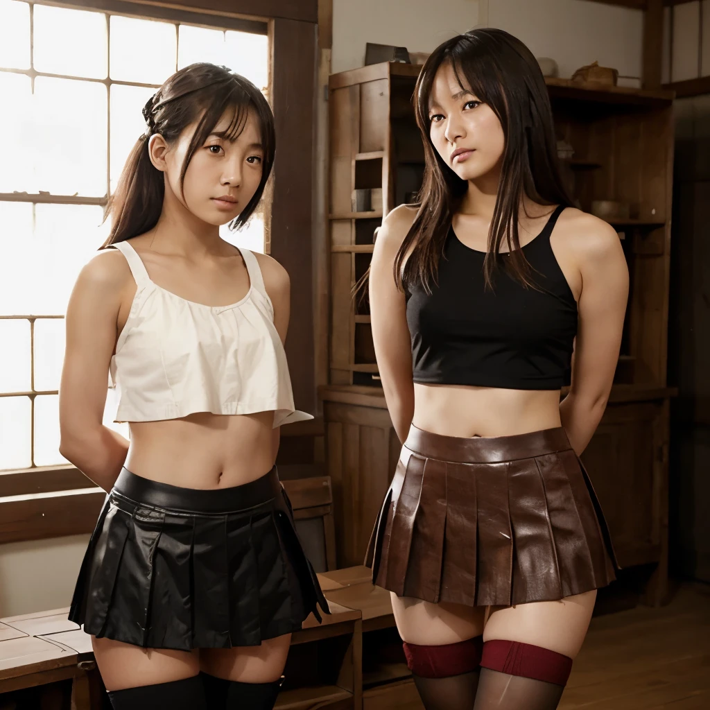 Japanese slave girls in the auction house in skirts and crop tops