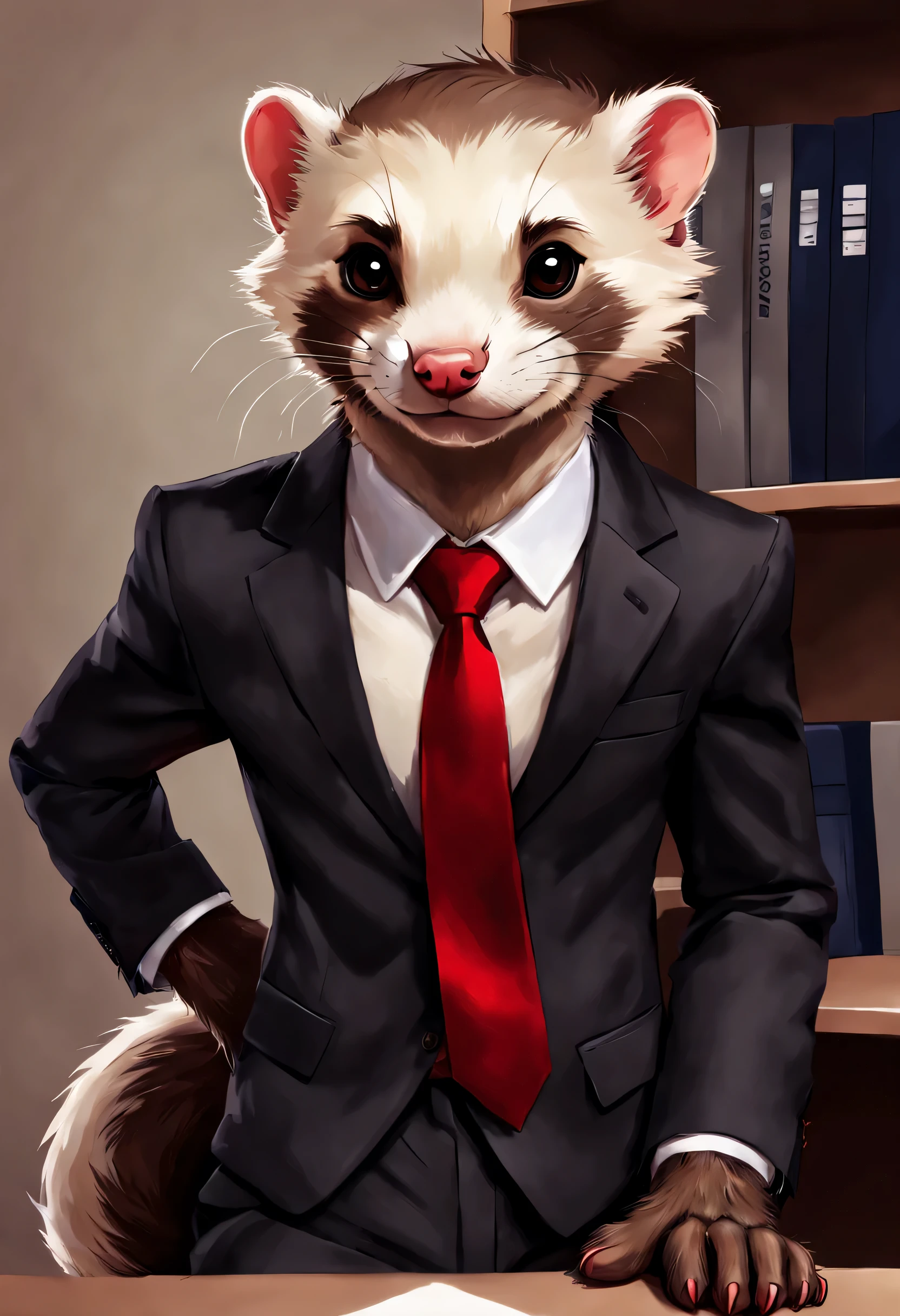 Digital art, Close-up of an anthropo-furry ferret in a tight office suit, red skinny tie, sable fur color, paws