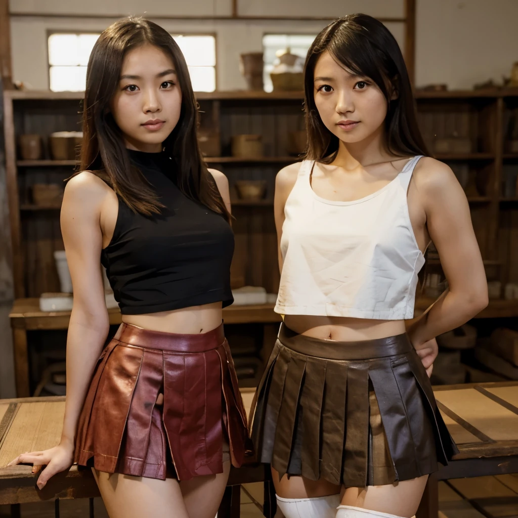Japanese slave girls in the auction house in skirts and crop tops