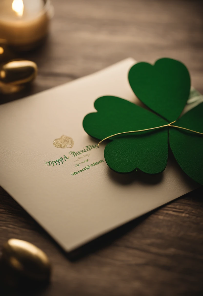 A close-up image showcasing the intricate details of a blank St. Patrick’s Day greeting card mockup, with space for personalized messages or designs, providing a classic and elegant canvas for expressing heartfelt sentiments.