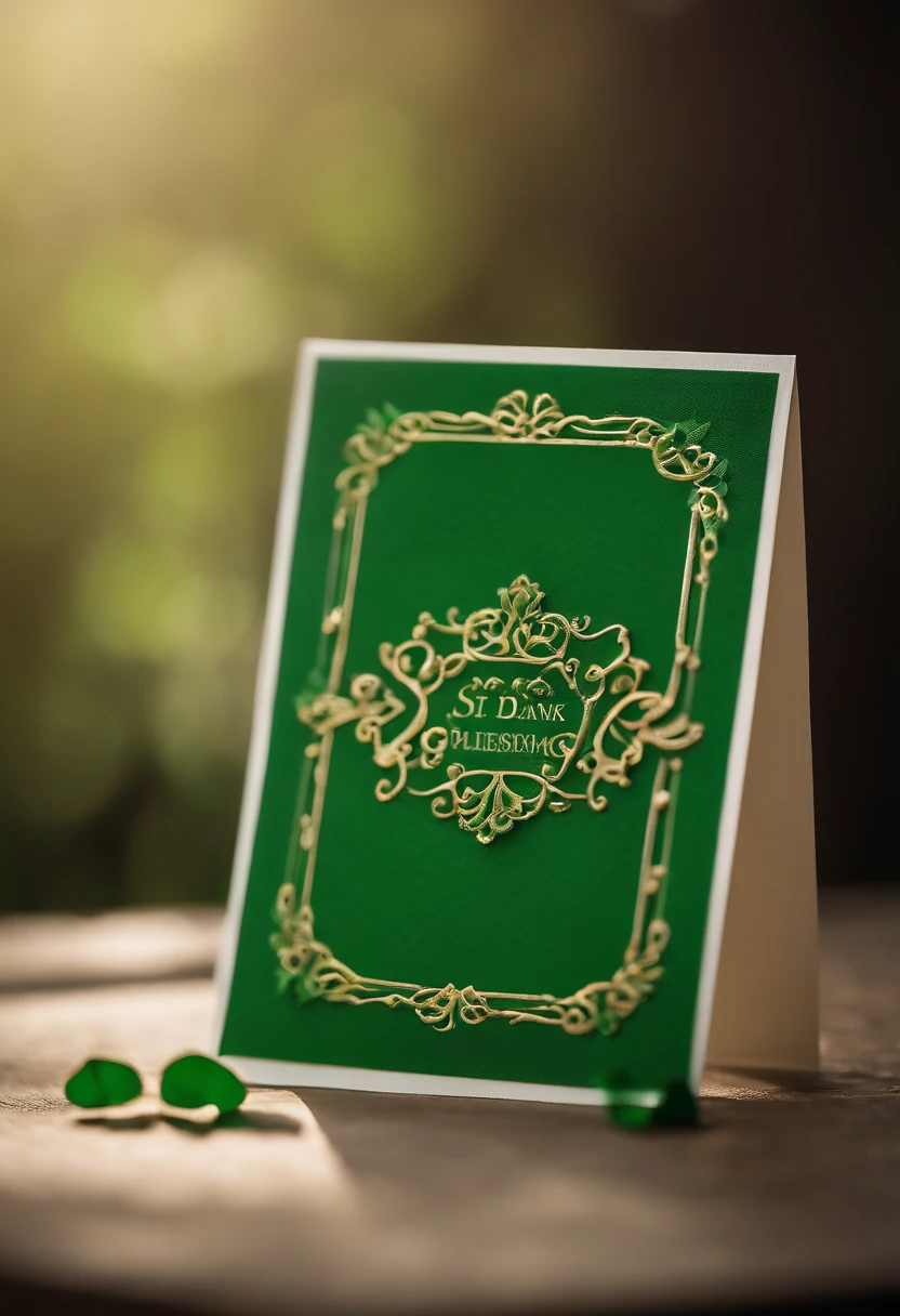 A close-up image showcasing the intricate details of a blank St. Patrick’s Day greeting card mockup, with space for personalized messages or designs, providing a classic and elegant canvas for expressing heartfelt sentiments.