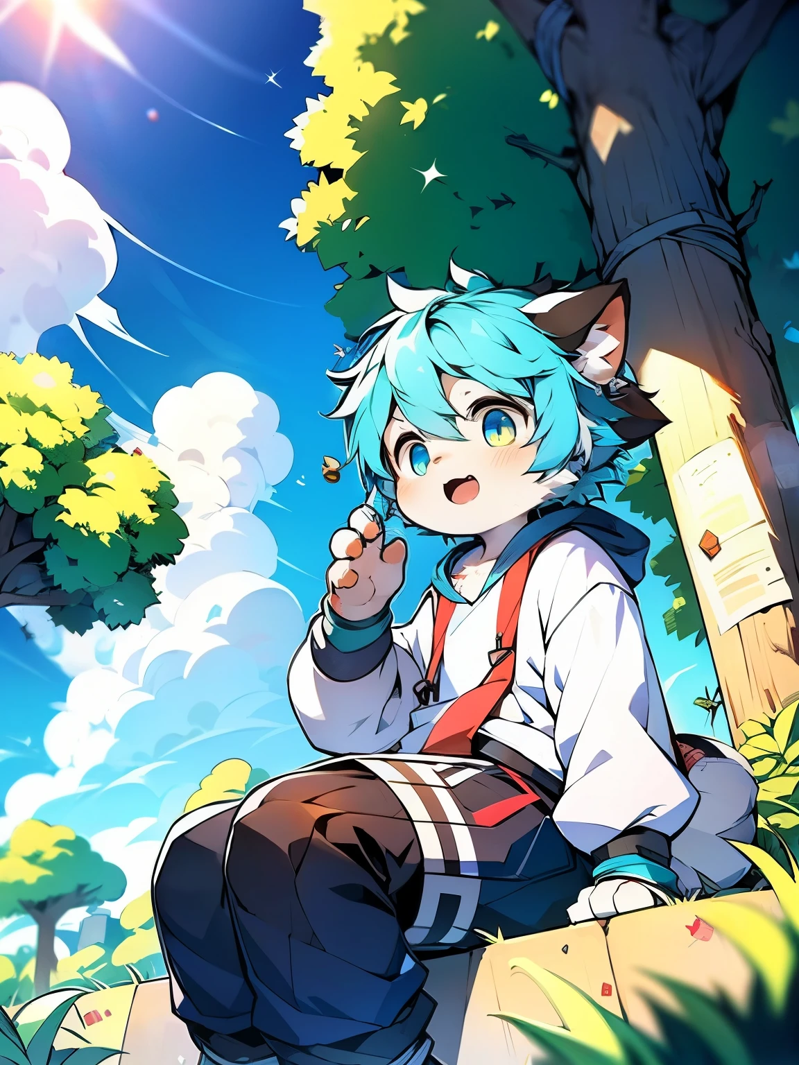 God of Art Super Top Quality, super detailed, high resolution, Anime cute art style, The best anime, 8k, Kona sauce wallpaper, pixiv contest winners, perfect anatomy, Look up, (Energetic teenager, :1.3), androgynous charm, student, hairy, (Blue-white hair), sweatshirts, sitting, rest, The iris and pupil are well proportioned, (boys' medium long hair:0.7), high resolution详细的头发, under the summer sun, blue sky, (blue sky:0.5), on the street