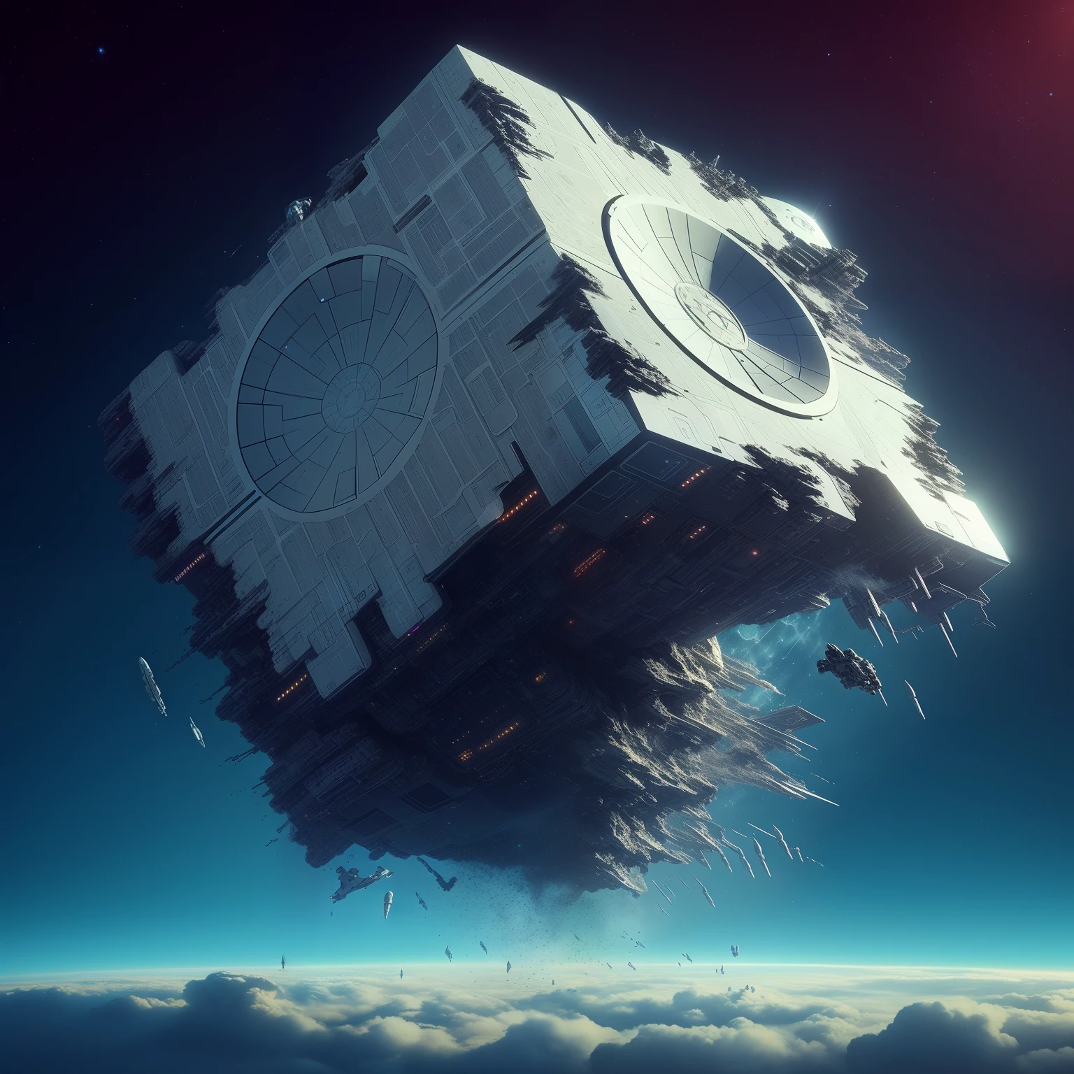 spaceship flying over the clouds in the sky with a star in the background, 3 d render beeple, sci-fi digital art, beeple daily art, in style of beeple, artem demura beeple, greg beeple, beeple artwork, beeple masterpiece, by Beeple, 3 d scifi art