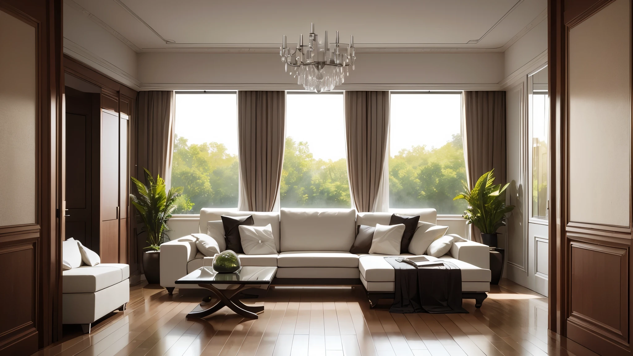 You are a famous interior designer、You have been asked to create a 3D image of a modern large room. Create a harmonious environment with modern and minimalist furniture. Including garden interior.