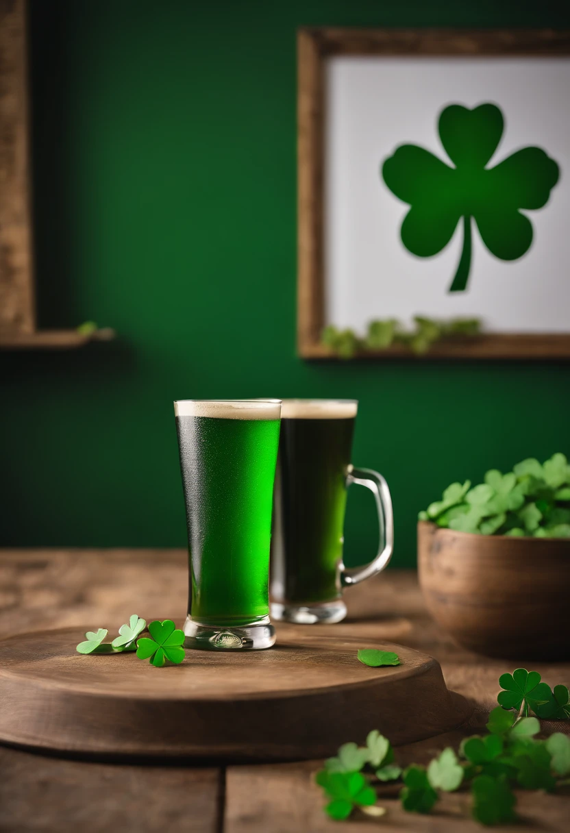 An aesthetic photography composition showcasing a blank St. Patrick’s Day template, with a vibrant backdrop, spacious areas for adding text or images, and playful icons representing Irish culture, offering a versatile canvas for creative designs.