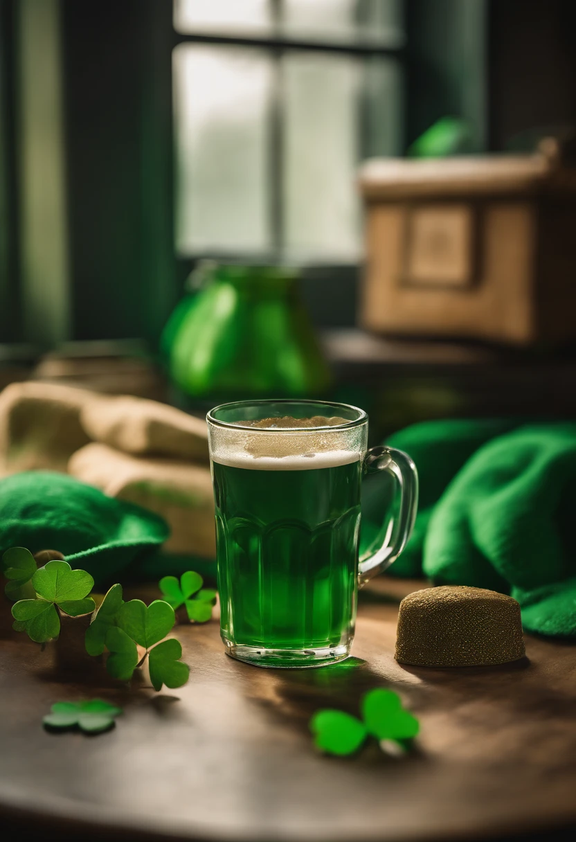 An aesthetic photography composition showcasing a blank St. Patrick’s Day template, with a vibrant  backdrop, spacious areas for adding text or images, and playful icons representing Irish culture, offering a versatile canvas for creative designs.