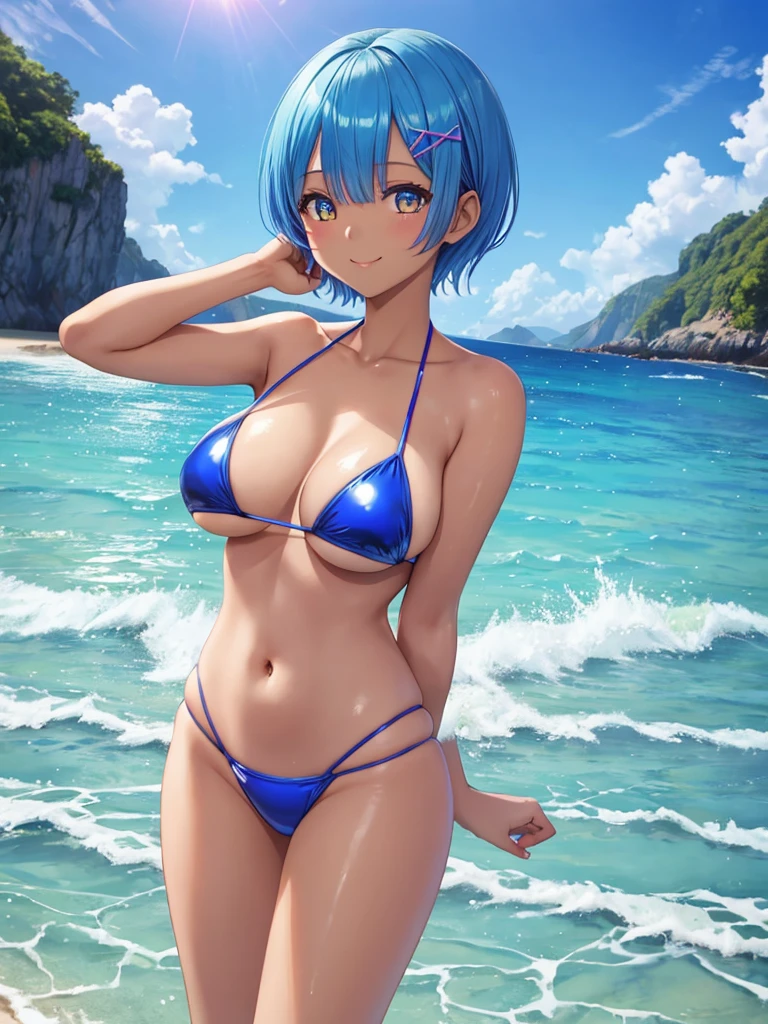 masterpiece, best quality, ultra detailed,rem,re zero, 1girl, (20 years old),smiling, blue hair, blue and yellow eyes,short hair,bikini,日焼け跡,sexy pose ,latex, shiny, (masterpiece), (best quality), (ultra detailed), more_details:-1, more_details:0, more_details:0.5, more_details:1, more_details:1.5, tan, dark skin, OuterWorldAI, glowify,sea,beach, beautiful background, beautiful girl,