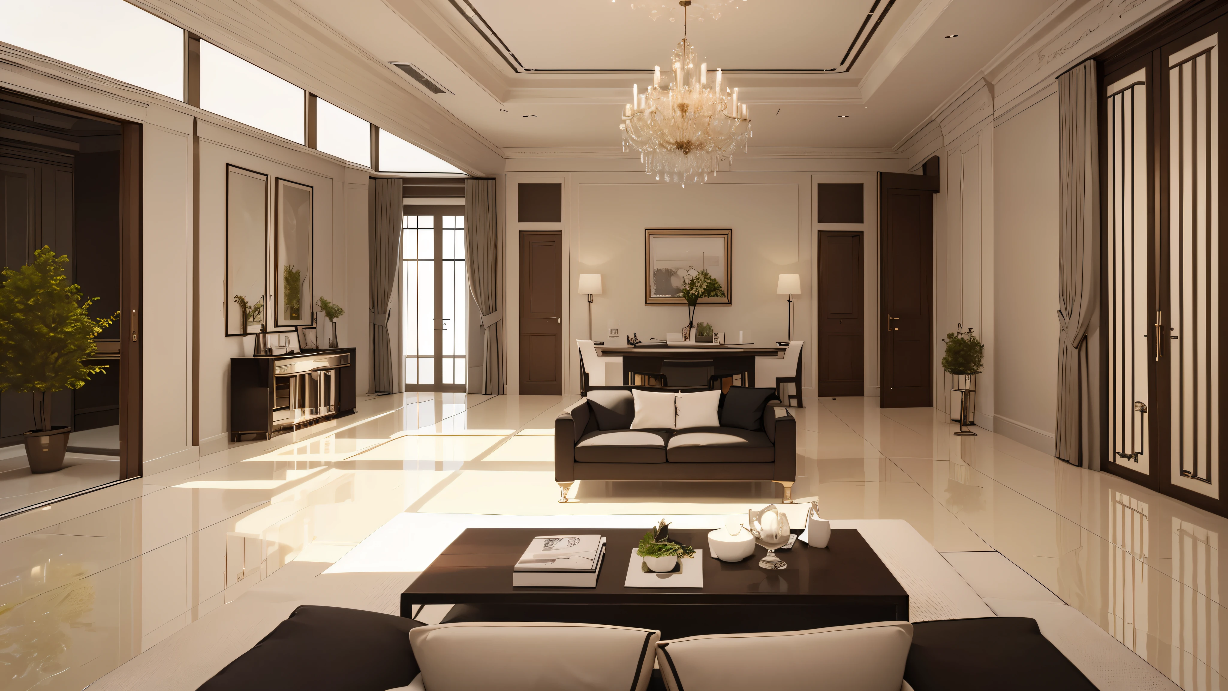 You are a famous interior designer、You have been asked to create a 3D image of a modern large room. Create a harmonious environment with modern and minimalist furniture. Including garden interior.