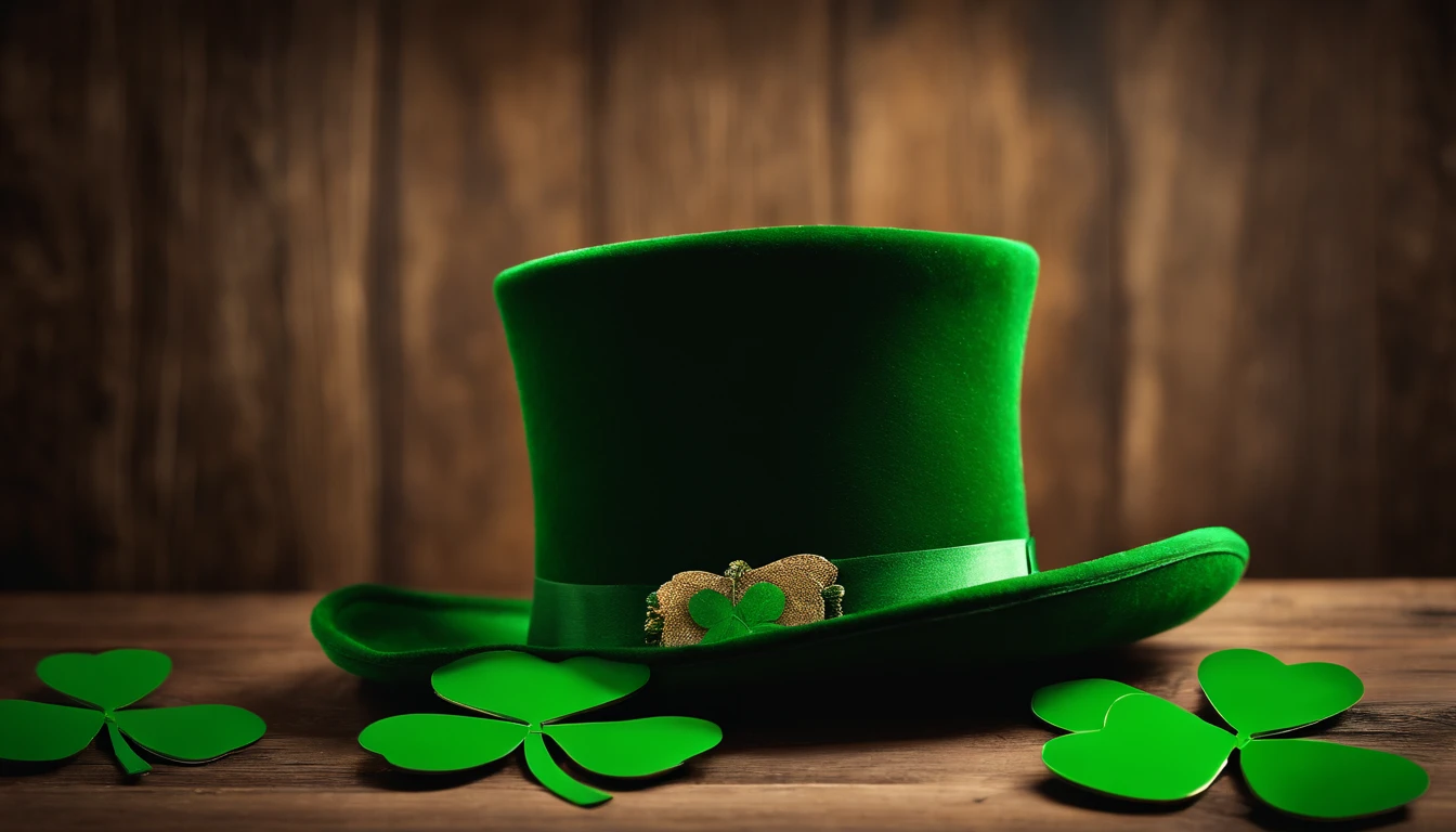 A high-resolution image showcasing a blank St. Patrick’s Day template, with a rustic wooden background, empty spaces for text or graphics, and decorative elements like clovers or Irish flags, providing a warm and inviting setting for personalized designs.