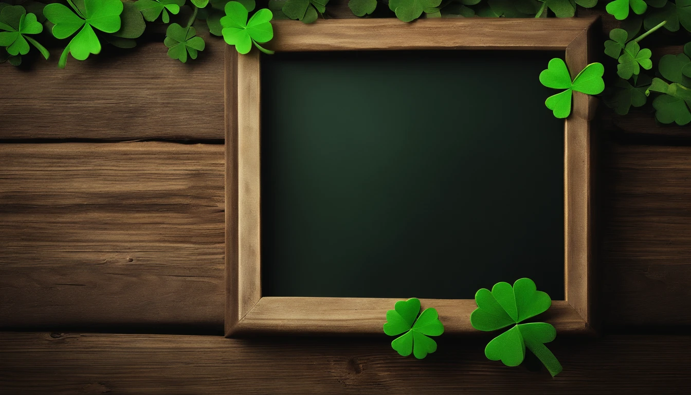 A high-resolution image showcasing a blank St. Patrick’s Day template, with a rustic wooden background, empty spaces for text or graphics, and decorative elements like clovers or Irish flags, providing a warm and inviting setting for personalized designs.