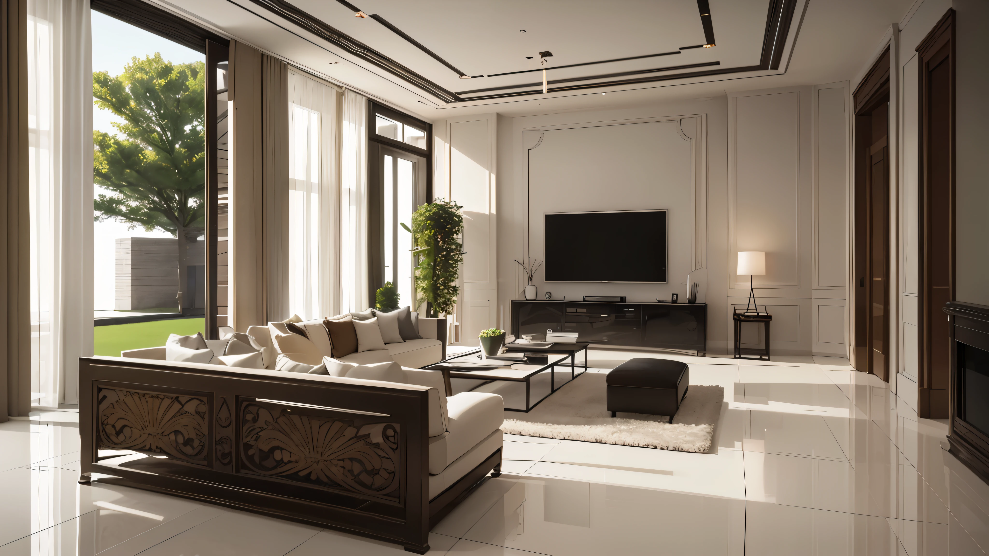 You are a famous interior designer、You have been asked to create a 3D image of a modern large room. Create a harmonious environment with modern and minimalist furniture. Including garden interior.