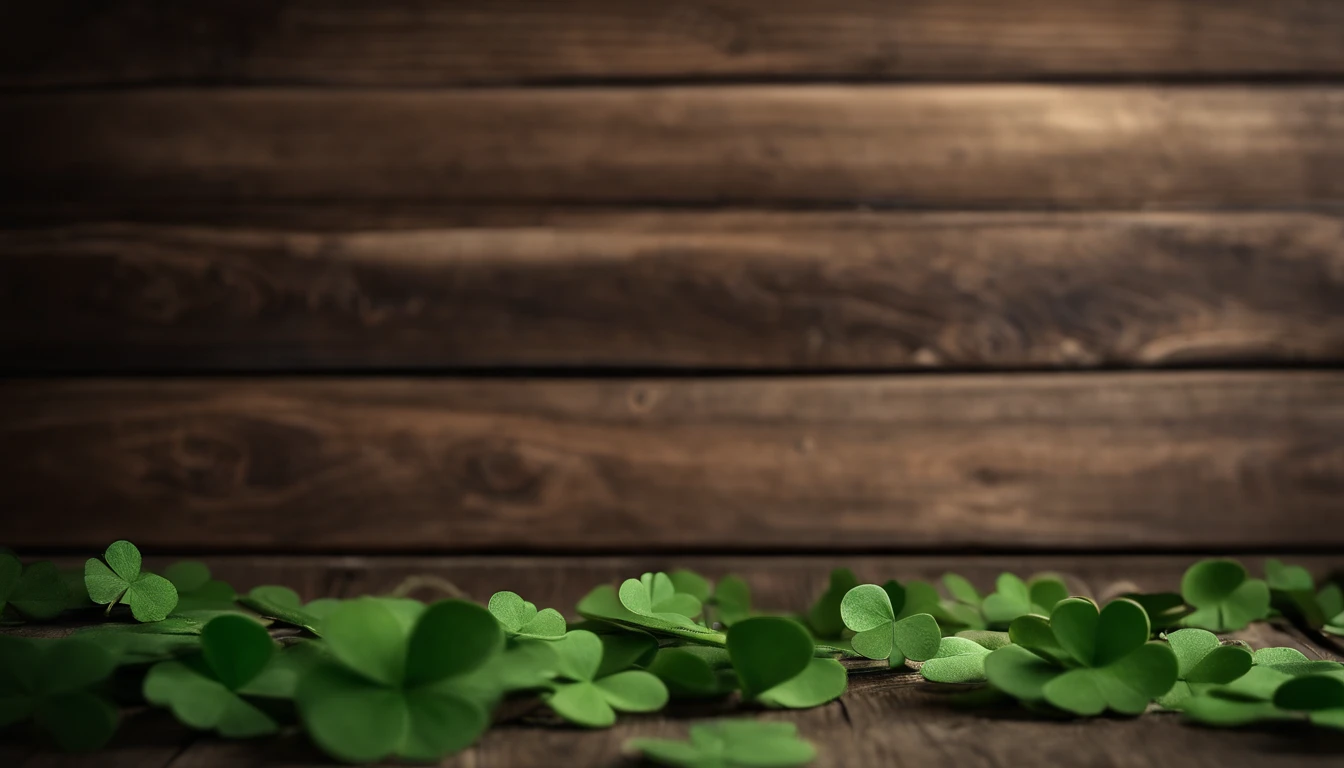 A high-resolution image showcasing a blank St. Patrick’s Day template, with a rustic wooden background, empty spaces for text or graphics, and decorative elements like clovers or Irish flags, providing a warm and inviting setting for personalized designs.