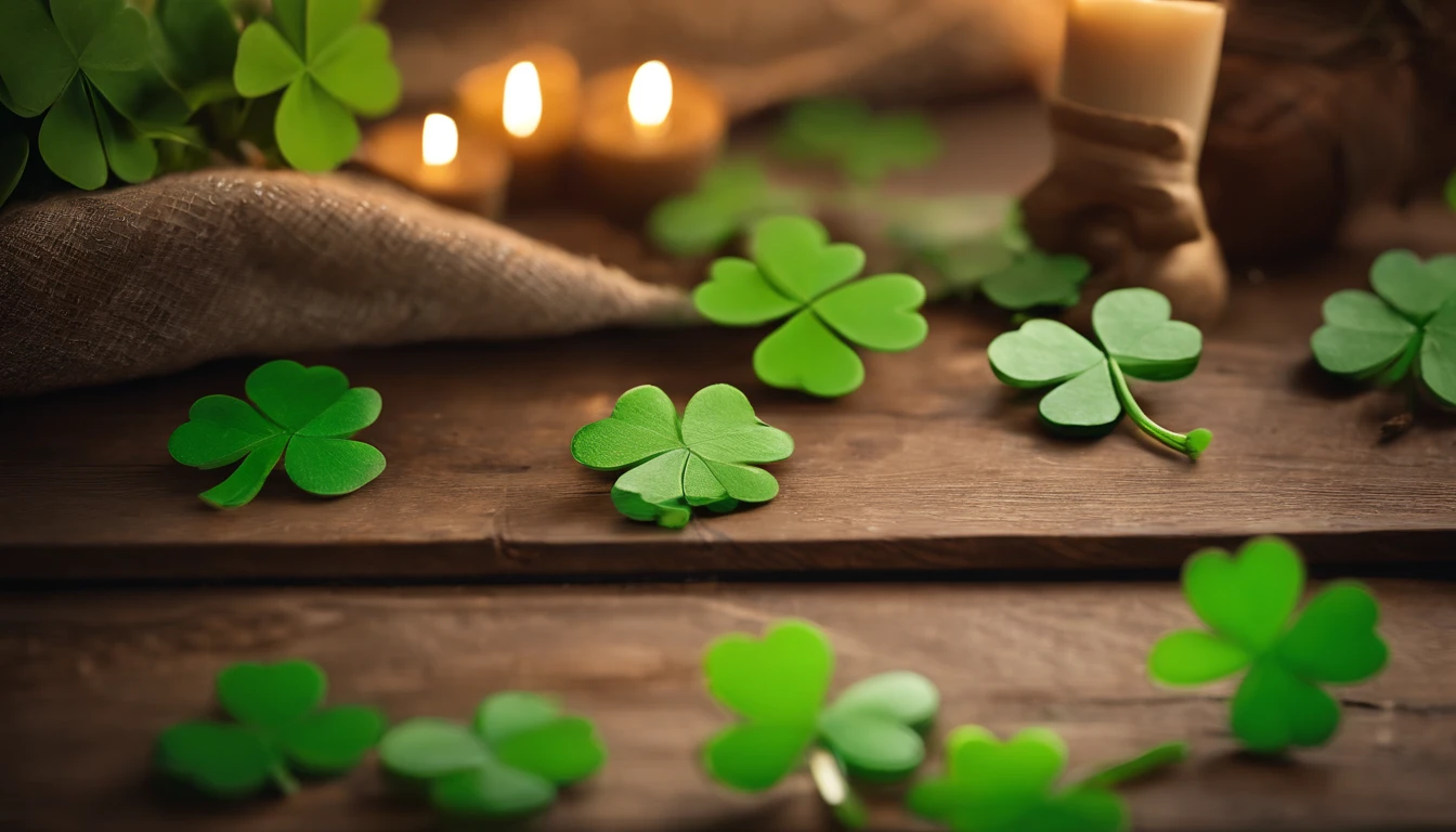 A high-resolution image showcasing a blank St. Patrick’s Day template, with a rustic wooden background, empty spaces for text or graphics, and decorative elements like clovers or Irish flags, providing a warm and inviting setting for personalized designs.
