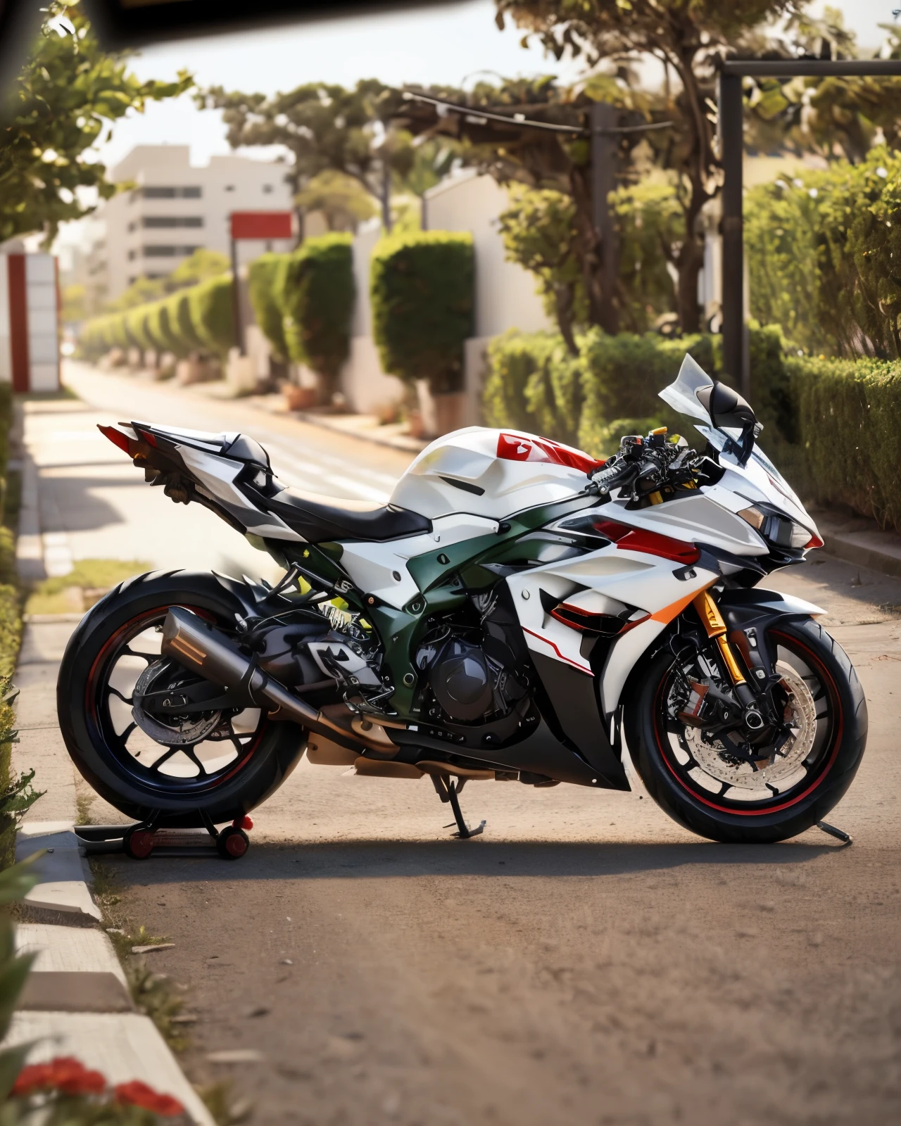 arafed motorcycle parked in a grassy area near a building, yoshimura exhaust, front side full, white red, front profile!!!!, r6, kawasaki, black & white, clean line, cr3, front side, f 3 2, f32, black white, glossy white armor, motorcycle, wide body, translucent sss, kawaai