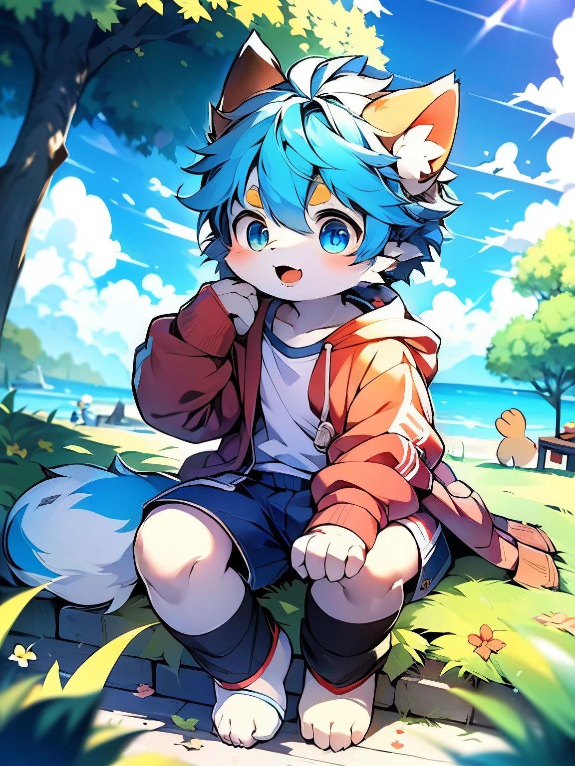 God of Art Super Top Quality, super detailed, high resolution, Anime cute art style, The best anime, 8k, Kona sauce wallpaper, pixiv contest winners, perfect anatomy, Look up, (Energetic teenager, 13 years old:1.3), androgynous charm, student, hairy, (Blue-white hair), sweatshirts, sitting, rest, The iris and pupil are well proportioned, (boys&#39; medium long hair:0.7), high resolution详细的头发, under the summer sun, blue sky, (blue sky:0.5), on the street