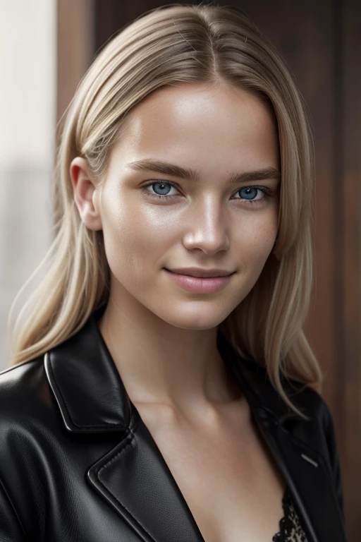 full portrait of a young Norwegian woman, smiling, skin pores, dramatic lighting, ambient occlusion, HIGH LEVEL OF DETAIL, Intricate leather details, skin imperfections, beautiful face and fascinating eyes, sharp details, hyperrealistic, Sharp Focus, Perfect detailed , Perfectly detailed face, Perfect details, eyes, octane number, 8K, masterpiece, Maximum Quality.
