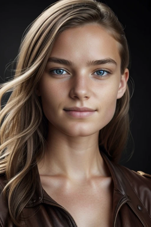 full portrait of a young Norwegian woman, smiling, skin pores, dramatic lighting, ambient occlusion, HIGH LEVEL OF DETAIL, Intricate leather details, skin imperfections, beautiful face and fascinating eyes, sharp details, hyperrealistic, Sharp Focus, Perfect detailed anatomy, Perfectly detailed face, Perfect details, eyes, octane number, 8K, masterpiece, Maximum Quality.
