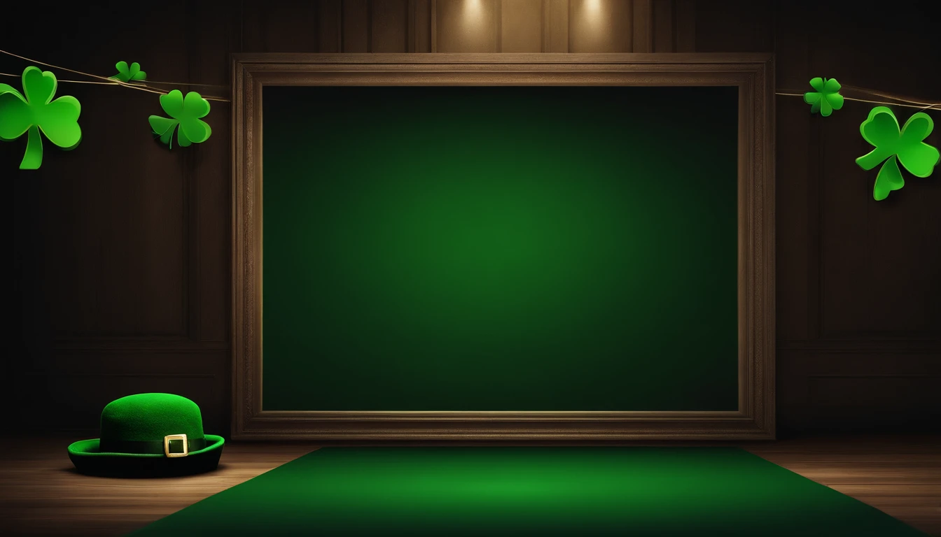 A detailed and realistic image capturing a blank St. Patrick’s Day banner mockup, with a green fabric background, empty space for text or graphics, and decorative elements such as leprechaun hats or shamrocks, ready to be customized for specific celebrations.