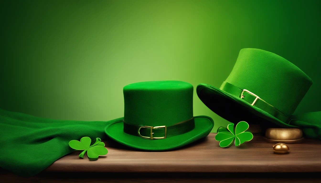 A detailed and realistic image capturing a blank St. Patrick’s Day banner mockup, with a green fabric background, empty space for text or graphics, and decorative elements such as leprechaun hats or shamrocks, ready to be customized for specific celebrations.