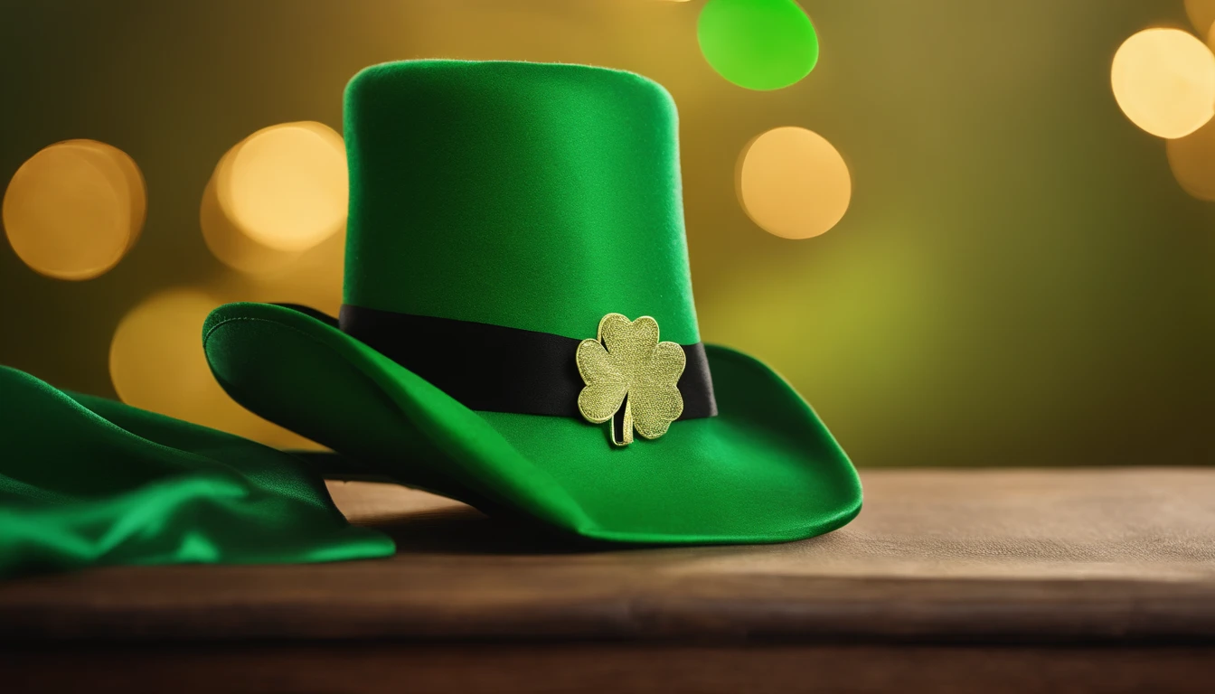 A detailed and realistic image capturing a blank St. Patrick’s Day banner mockup, with a green fabric background, empty space for text or graphics, and decorative elements such as leprechaun hats or shamrocks, ready to be customized for specific celebrations.