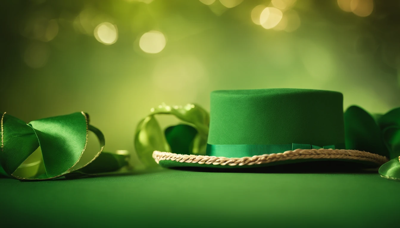 A detailed and realistic image capturing a blank St. Patrick’s Day banner mockup, with a green fabric background, empty space for text or graphics, and decorative elements such as leprechaun hats or shamrocks, ready to be customized for specific celebrations.