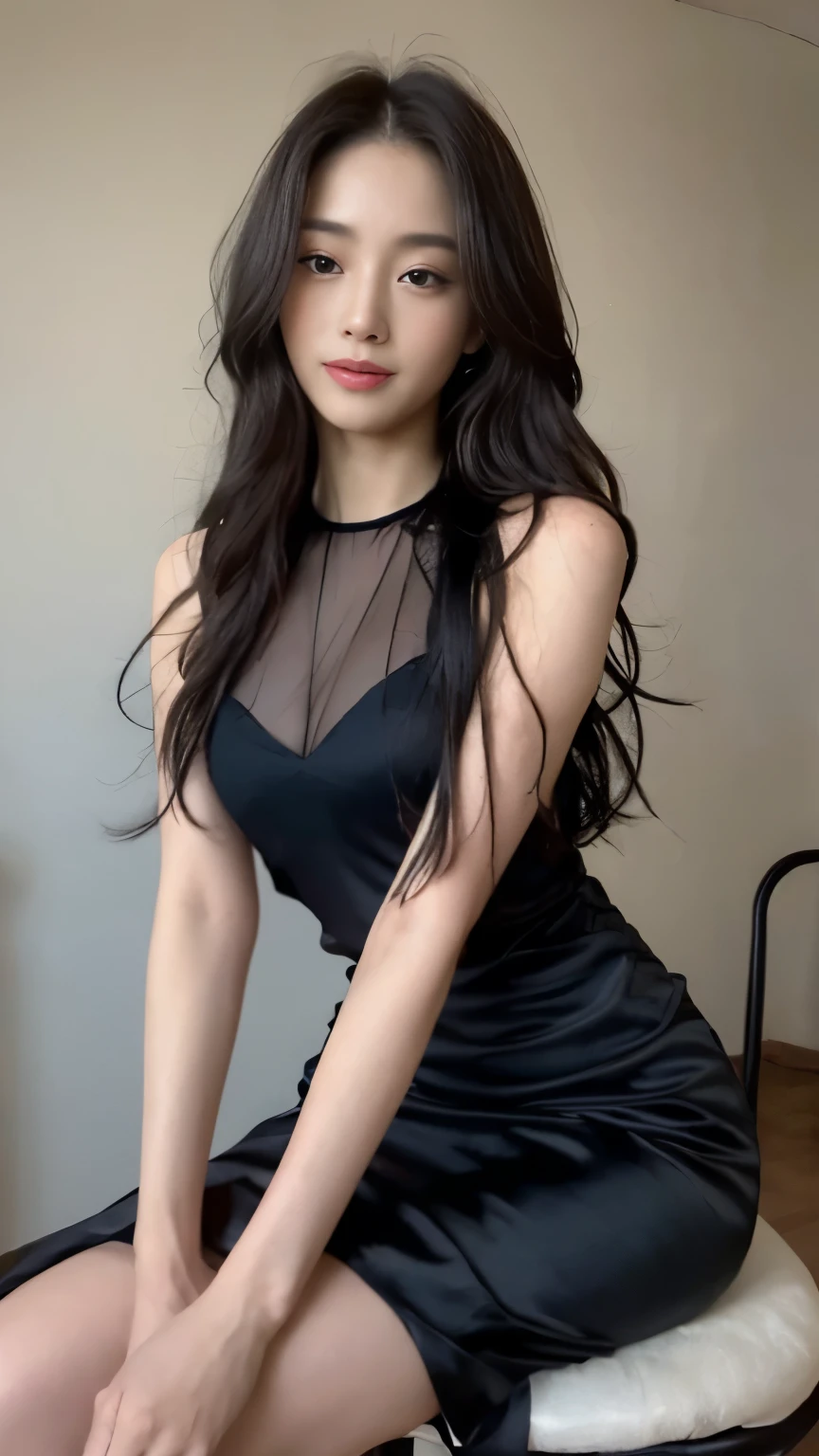((top-quality、8k、masterpiece:1.3))、Beautiful woman with perfect body:1.4、slim abdomen:1.2、Longhair, normal breast, Highly detailed facial and skin texture, A detailed eye, delicate eyes, (smile), (full body shot), ((studio)), (sitting on chair), (((wearing black silk dress))), looking in front, (plain grey background)