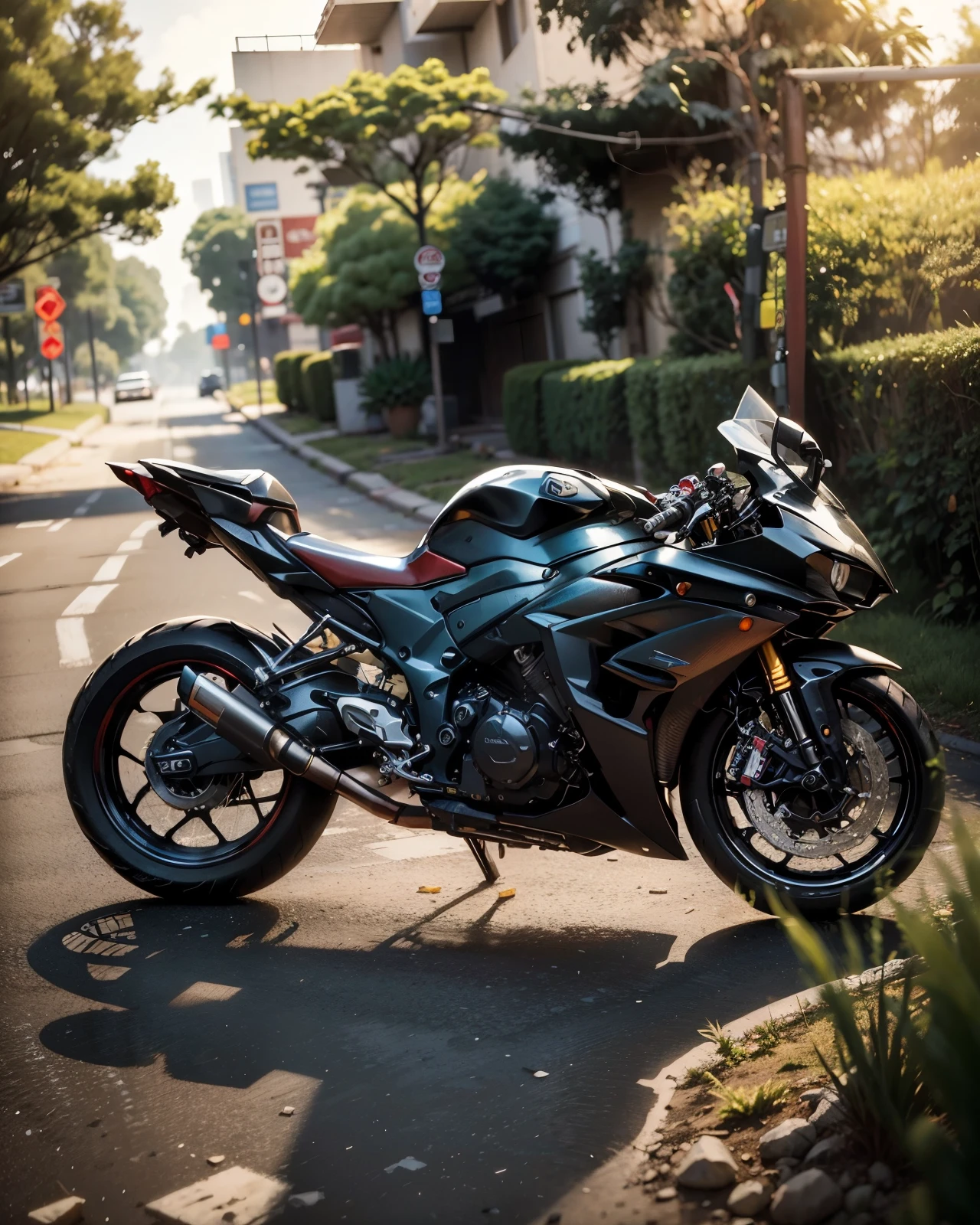 ((cyberpunk)),motorcycle parked in the grass near a man in a black shirt, front side full, yoshimura exhaust, r6, white red, front profile!!!!, kawasaki, cr3, black & white, f32, f 3 2, front side, kawaai, black white, clean line, riding, full colored, unreal enging, full pose, motorbike