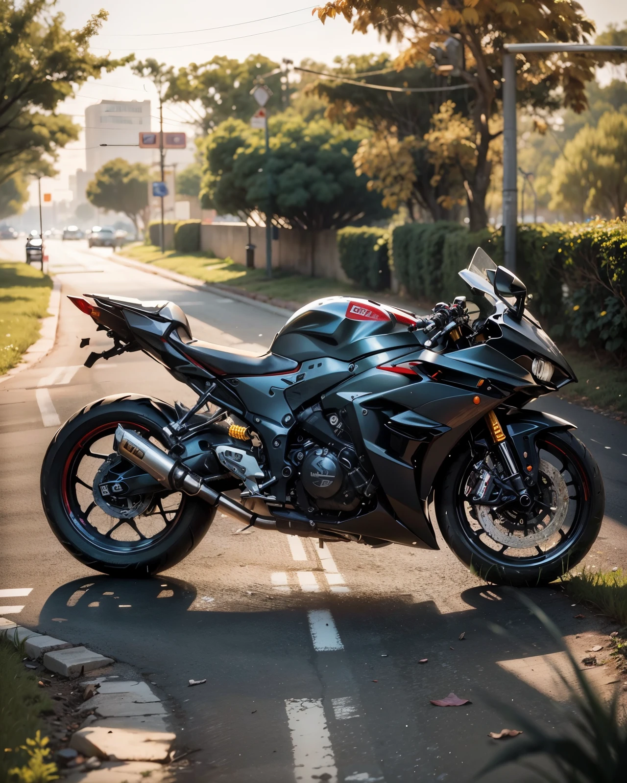 ((cyberpunk)),motorcycle parked in the grass near a man in a black shirt, front side full, yoshimura exhaust, r6, white red, front profile!!!!, kawasaki, cr3, black & white, f32, f 3 2, front side, kawaai, black white, clean line, riding, full colored, unreal enging, full pose, motorbike