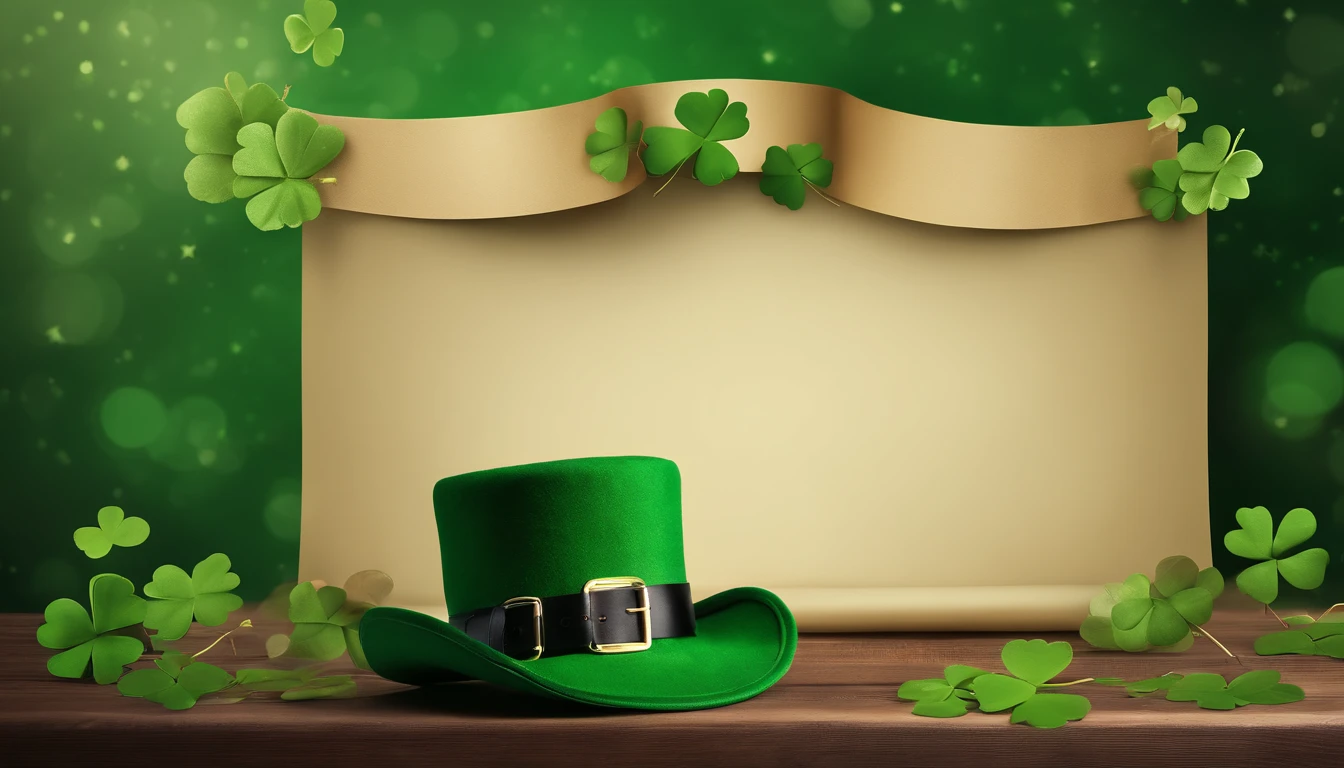 A detailed and realistic image capturing a blank St. Patrick’s Day banner mockup, with a green fabric background, empty space for text or graphics, and decorative elements such as leprechaun hats or shamrocks, ready to be customized for specific celebrations.