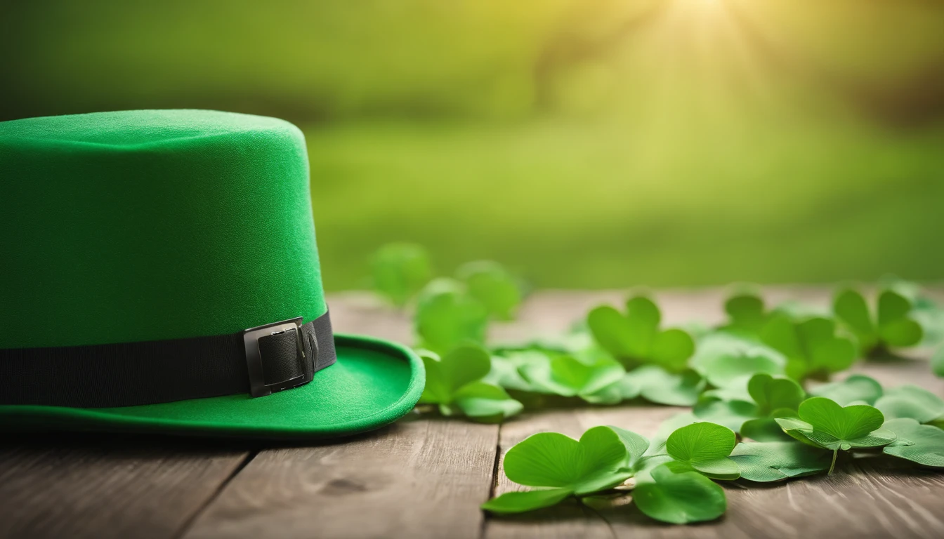 A detailed and realistic image capturing a blank St. Patrick’s Day banner mockup, with a green fabric background, empty space for text or graphics, and decorative elements such as leprechaun hats or shamrocks, ready to be customized for specific celebrations.