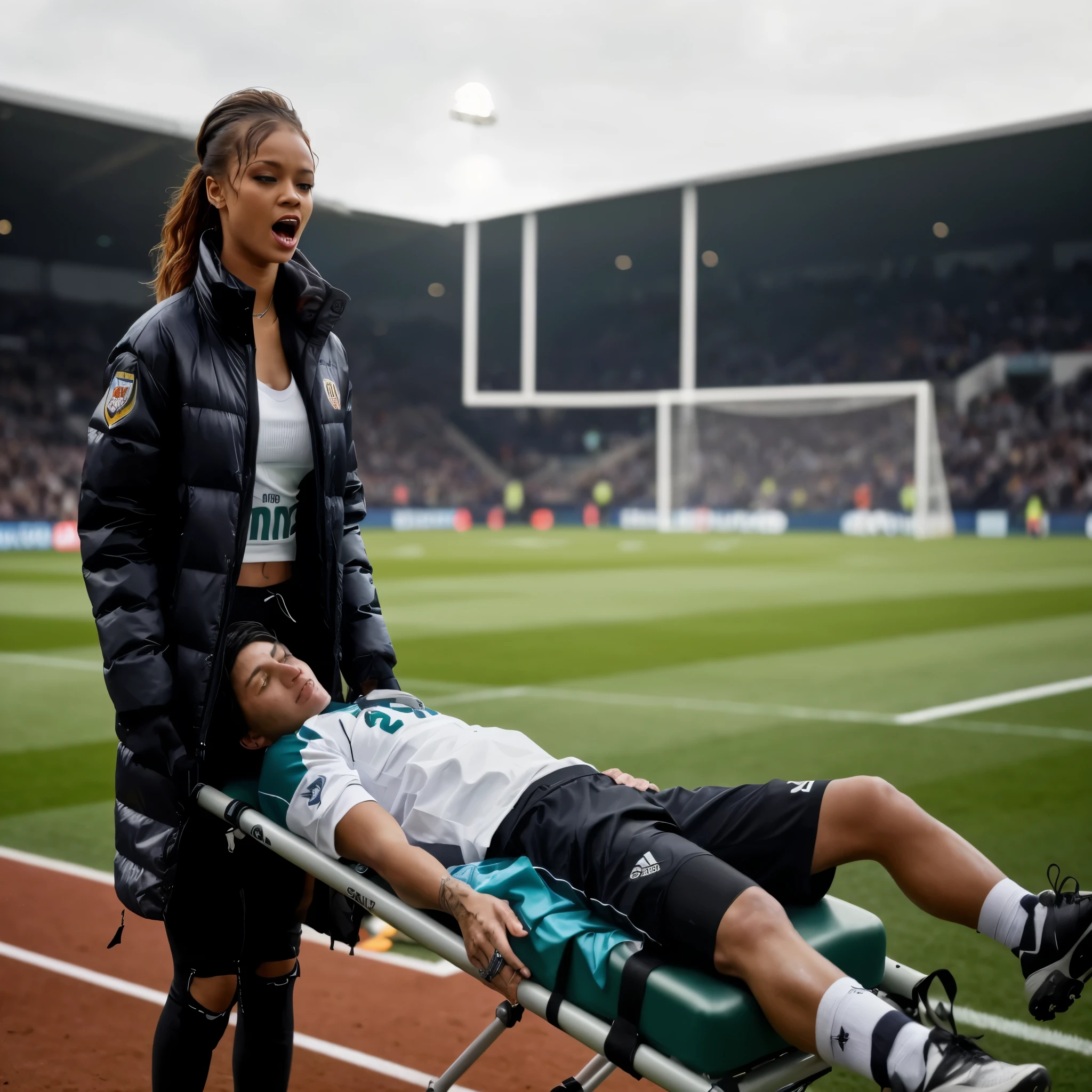 a soccer scene in a sports stadium, cool and wet weather conditions, humide, Rihanna carrying a stretcher, Rihanna in a very shiny coat who are carrying a stretcher in a sports stadium, there is a wounded male soccer player in a matte short cotton sports outfit lying on the stretcher, an injured male soccer player in matte cotton sportswear is lying in pain on a stretcher, a soccer player in matte cotton sports clothes is rearing up in intense pain while lying on a stretcher, dramatic scene, theatralic posing scene, dramatic pity scene, injury soccer, first aid, p, pity, there are four female medics in wetlook high-shine coats who are looking very sad and very terrified and very shocked, the injured soccer player is screaming out in pain while he is carried from the pitch on a stretcher, Woman carrying one on a stretcher on a soccer field, bearbeitet, by Frederik Vermehren, stimmungsvolle ikonische Szene, von Jakob Gauermann, nice angle, Foto-Standbild, Schuss auf Sony A 7 III, moody feeling, Ganzer Schuss, Ganzer Schuss, von Christen Dalsgaard, beautiful view, FIM immer noch, Dramatischer Schuss, Mittel